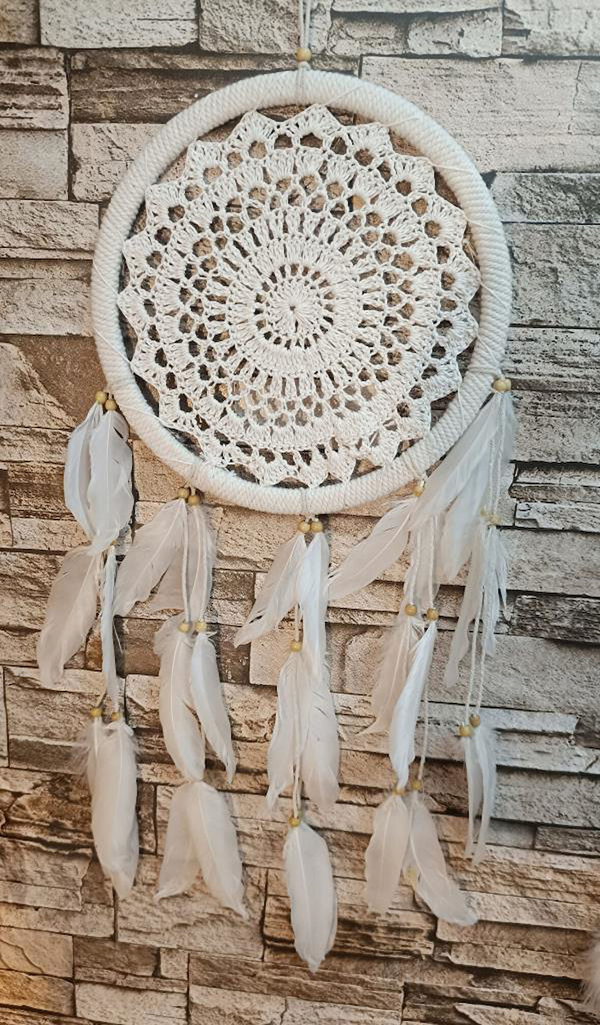 Düş Kapanı Makrome Dreamcatcher Ekru Kuş Tüyü Rüya Kapanı Duvar Süsü Elişi