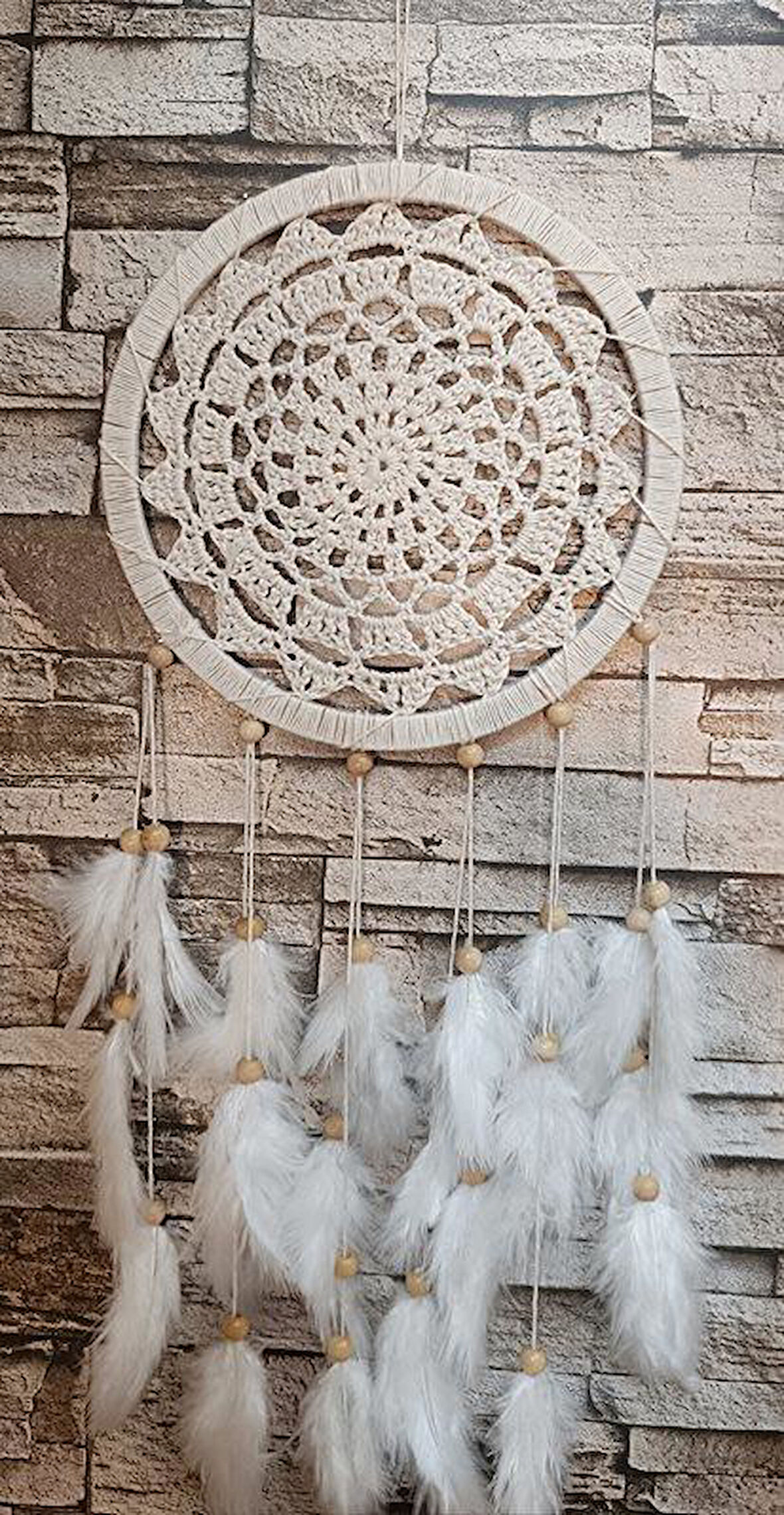 Düş Kapanı Makrome Dreamcatcher Ekru Kuş Tüyü Rüya Kapanı Duvar Süsü Elişi