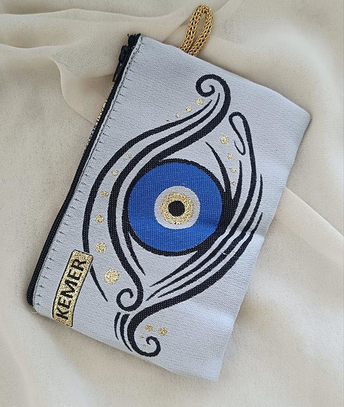 Cüzdan Nazar Kötü Göz Kemer Simgeli Simli Saplı Fermuarlı Kadın Cüzdanı 15x10 Cm