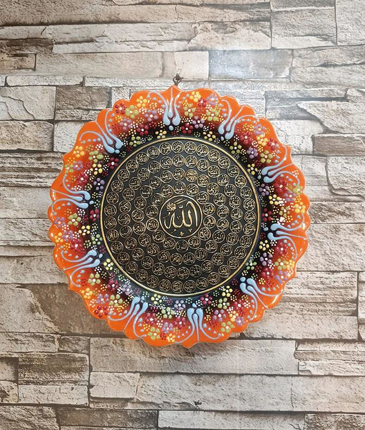 Esmaül Hüsna Çini El Yapımı Tabak Seramik 25 cm Allahın 99 ismi Duvar Süsü  