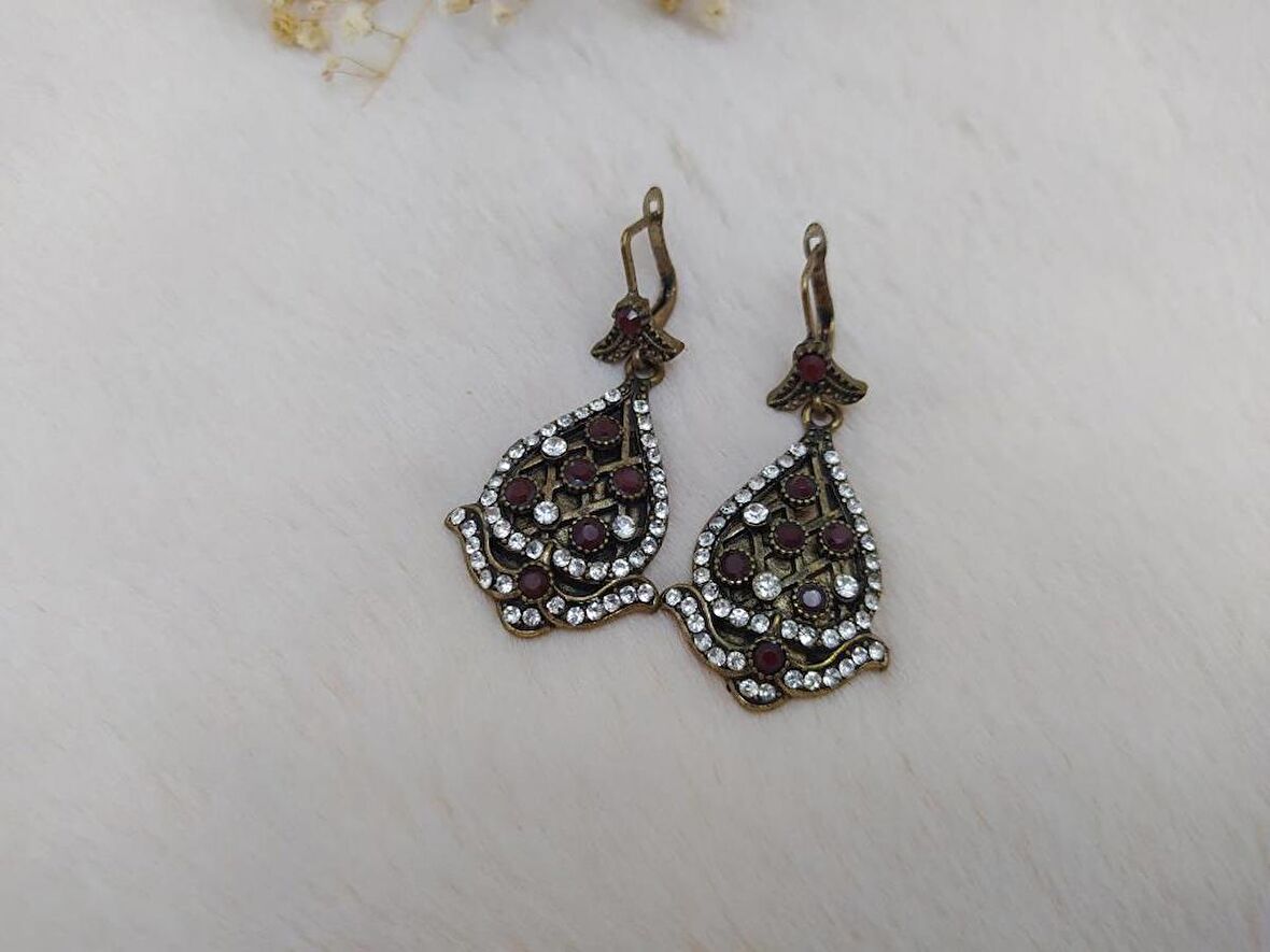 Hdmarketim Otantik Osmanlı Motifli Swarovski Taşlı Işıltılı Hürrem Sultan Eskitme Küpe Bordo