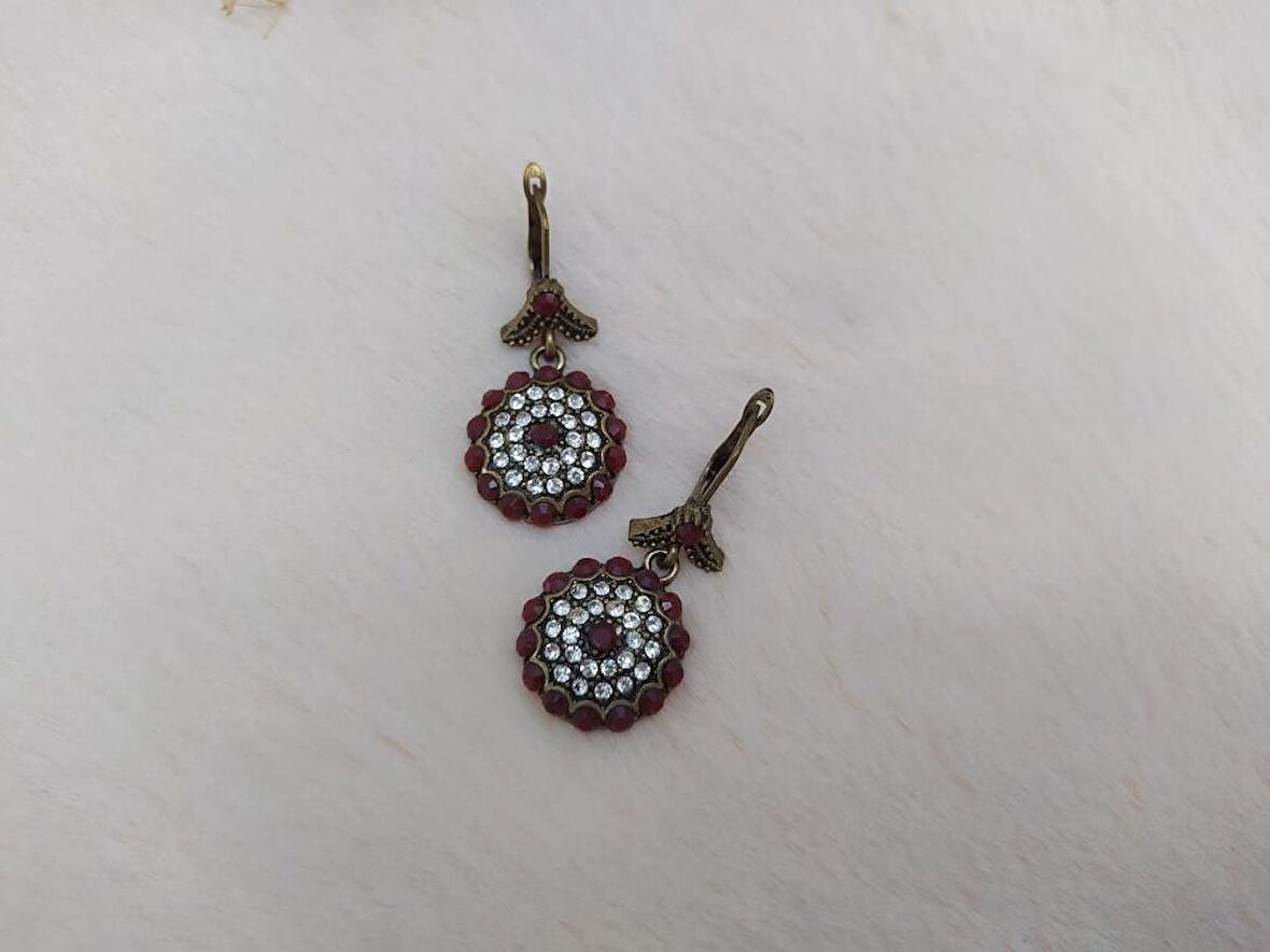 Hdmarketim Otantik Osmanlı Motifli Swarovski Taşlı Işıltılı Hürrem Sultan Eskitme Küpe Bordo