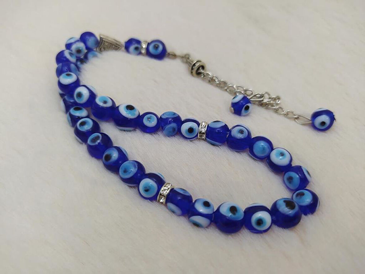 Tesbih Cam 8 mm Nazar Boncuklu Kötü göz kovucu el işi Mavi Renk Hediyelik Hakiki Cam Tespih