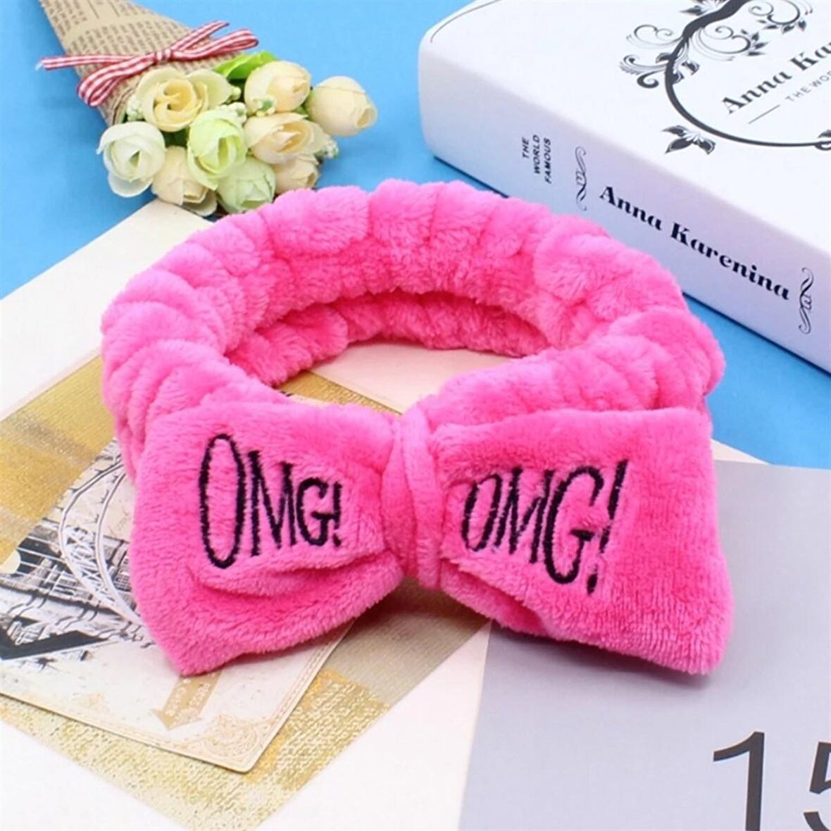 Fiyonklu OMG Mercan Peluş Saç Bandı Bandana Pembe