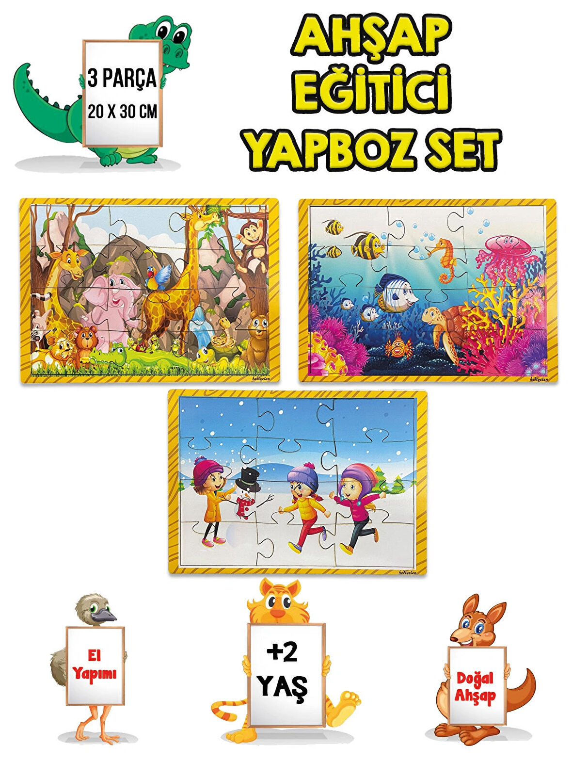 3 lü Set Eğitici Ahşap Yapboz Puzzle 12 Parçalı Oyuncak +2 Yaş Hayvanlar - Akvaryum - Çocuklar