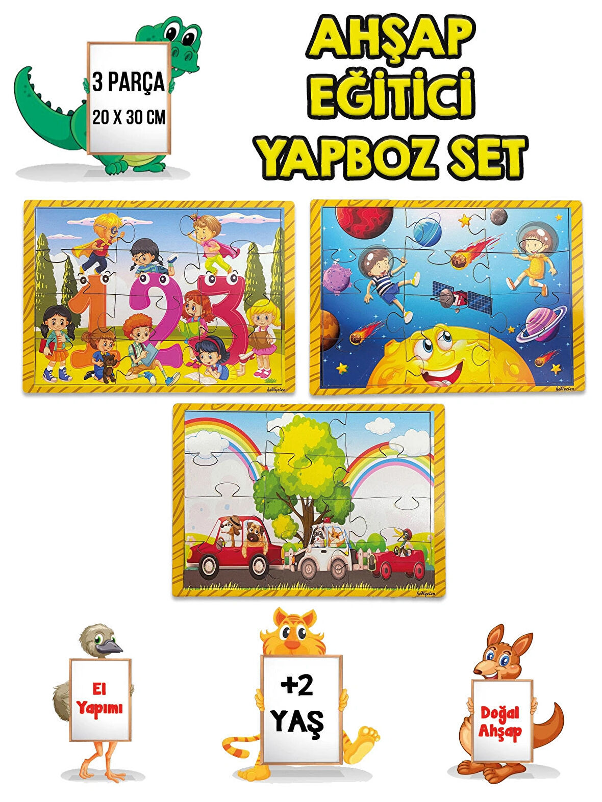 3 lü Set Eğitici Ahşap Yapboz Puzzle 12 Parçalı Oyuncak +2 Yaş Uzay - Sayılar - Arabalar