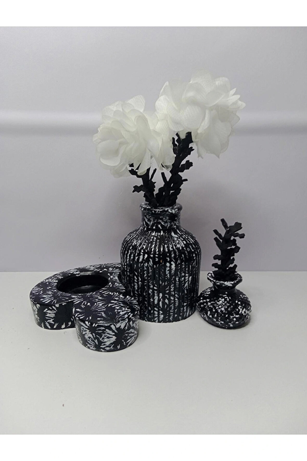 Siyah Dekoratif Desenli Vazo Takımı İskandinav Pampas Hediyelik Sunumluk