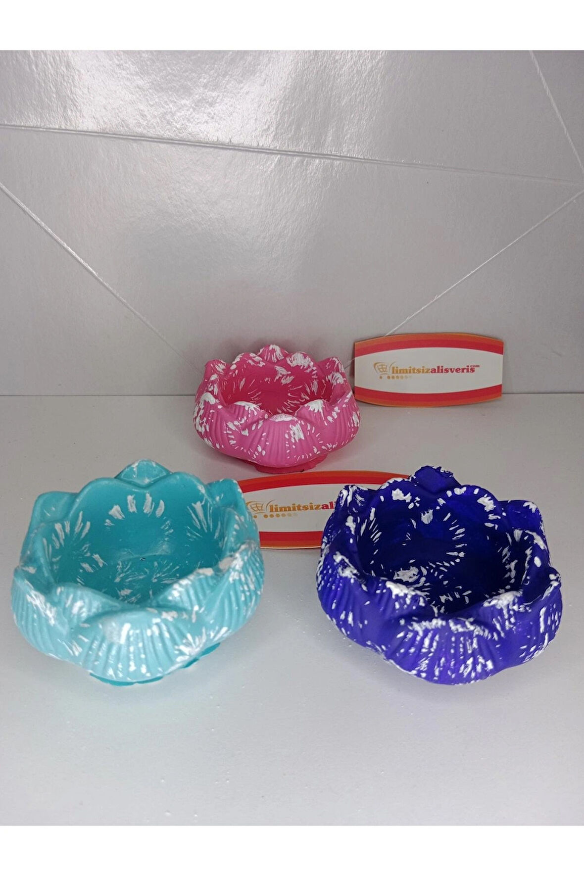 Turkuaz Pembe Mor Üçlü Mumluk Dekoratif Biblo Obje Hediyelik Süs Eşyası