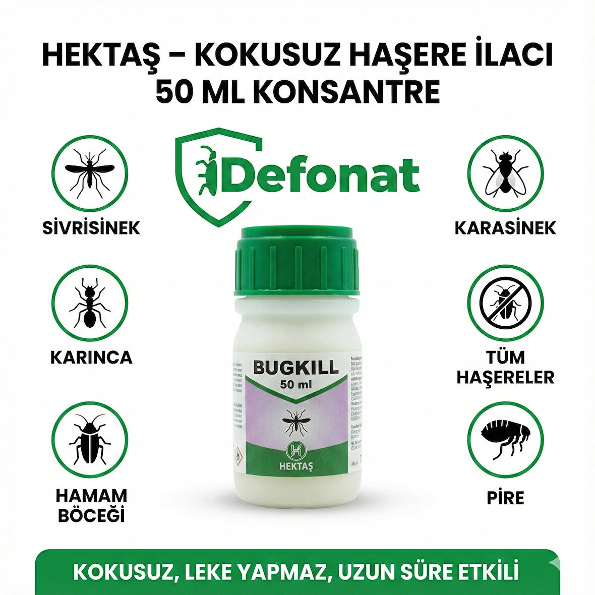 Hektaş Bugkill 50 mL – Kokusuz Genel Haşere İlacı | Sivrisinek, Karasinek, Hamam Böceği, Pire 