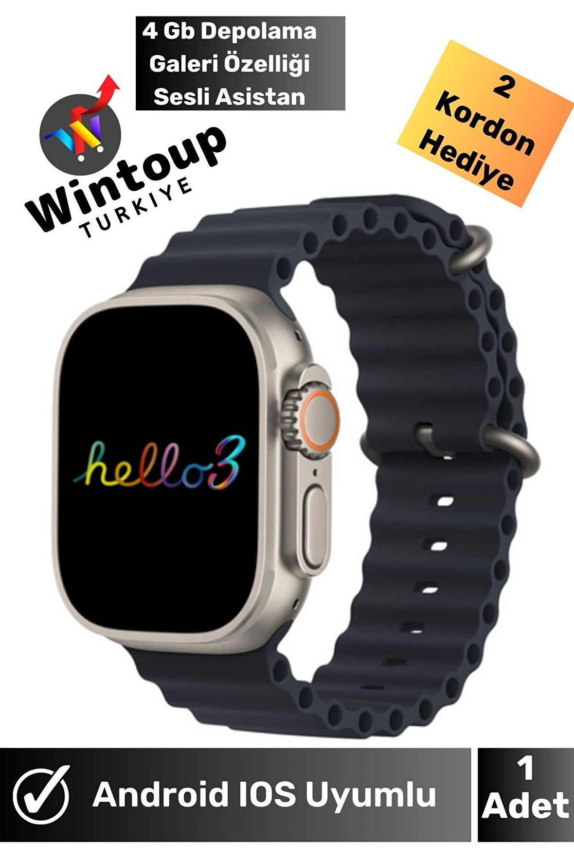 Hello Watch 3+ Plus H12 Ultra Max 4GB Hafıza ve Aksesuar Bağlantılı Watch Ultra 49MM Akıllı Saat