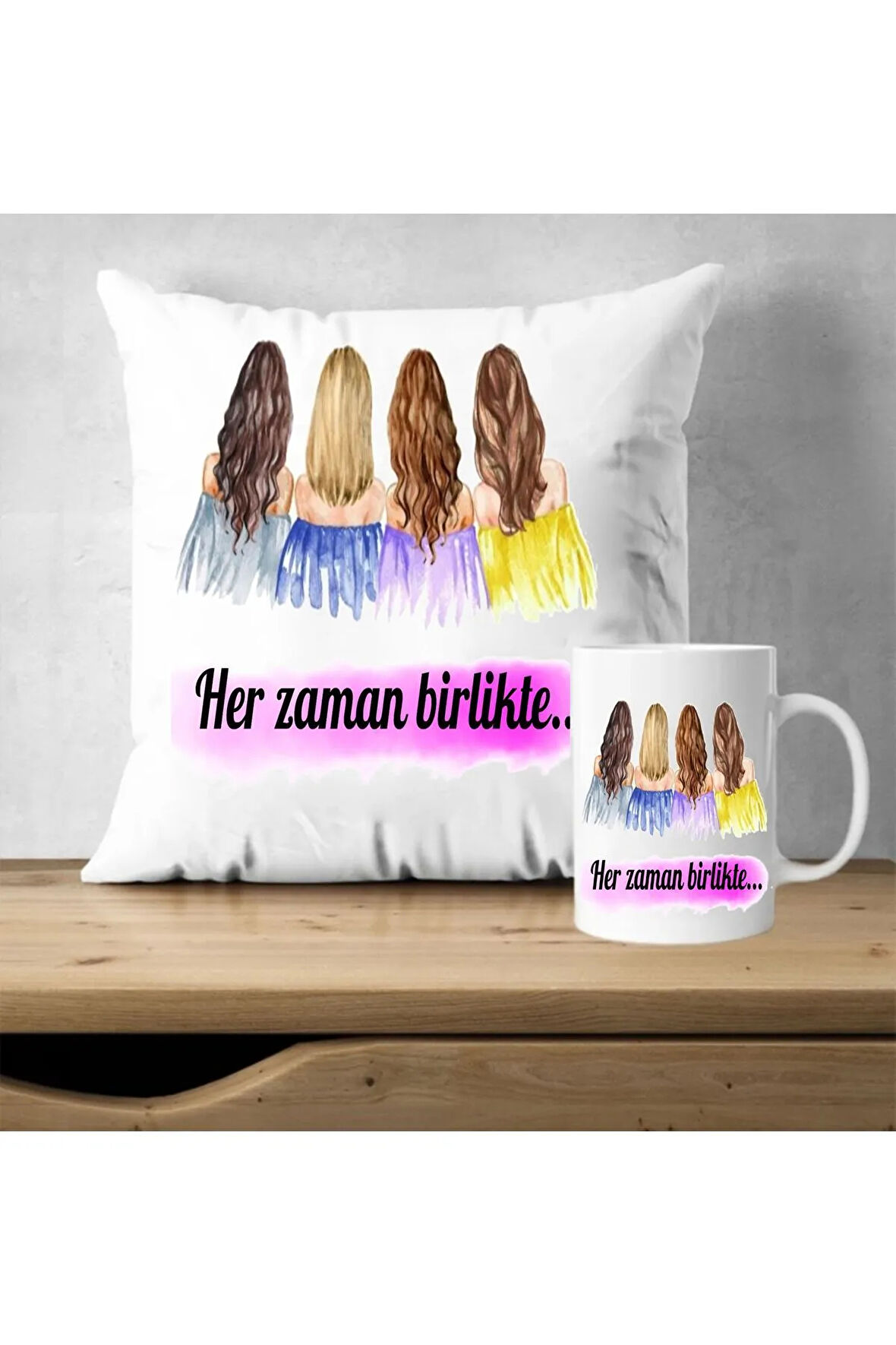 4 Arkadaşa Özel Birlikte Yazılı Kardeşim Yastik Kupa Set