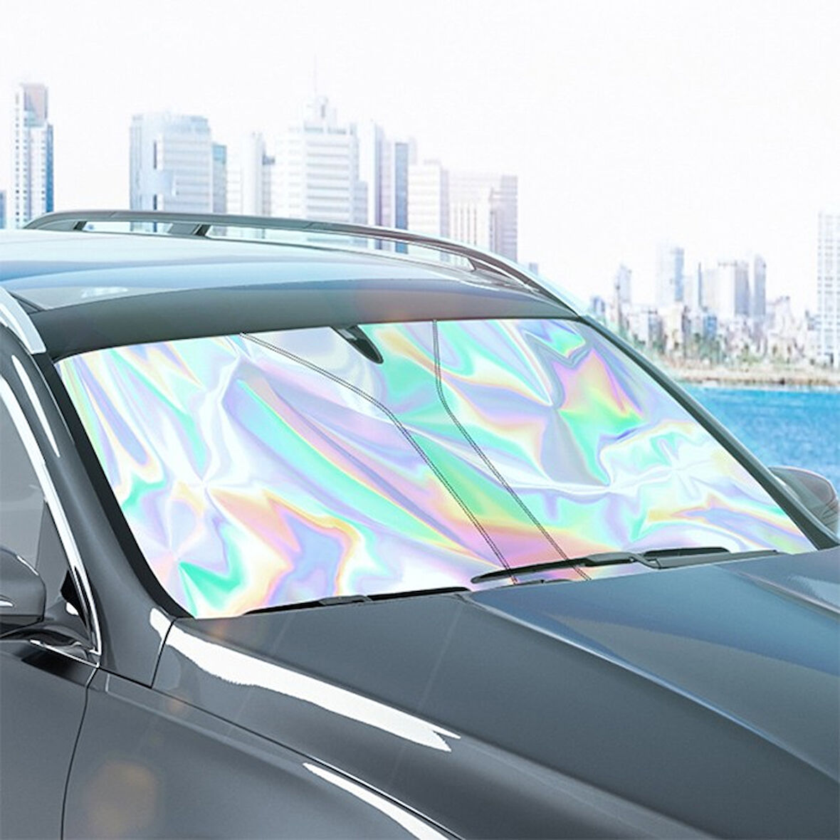 Ally Araba Güneş Gölge Koruyucu Oto Ön Cam Güneşlik(140Cm*70Cm) Titanyum Gümüş Katlanabilir-(5775)