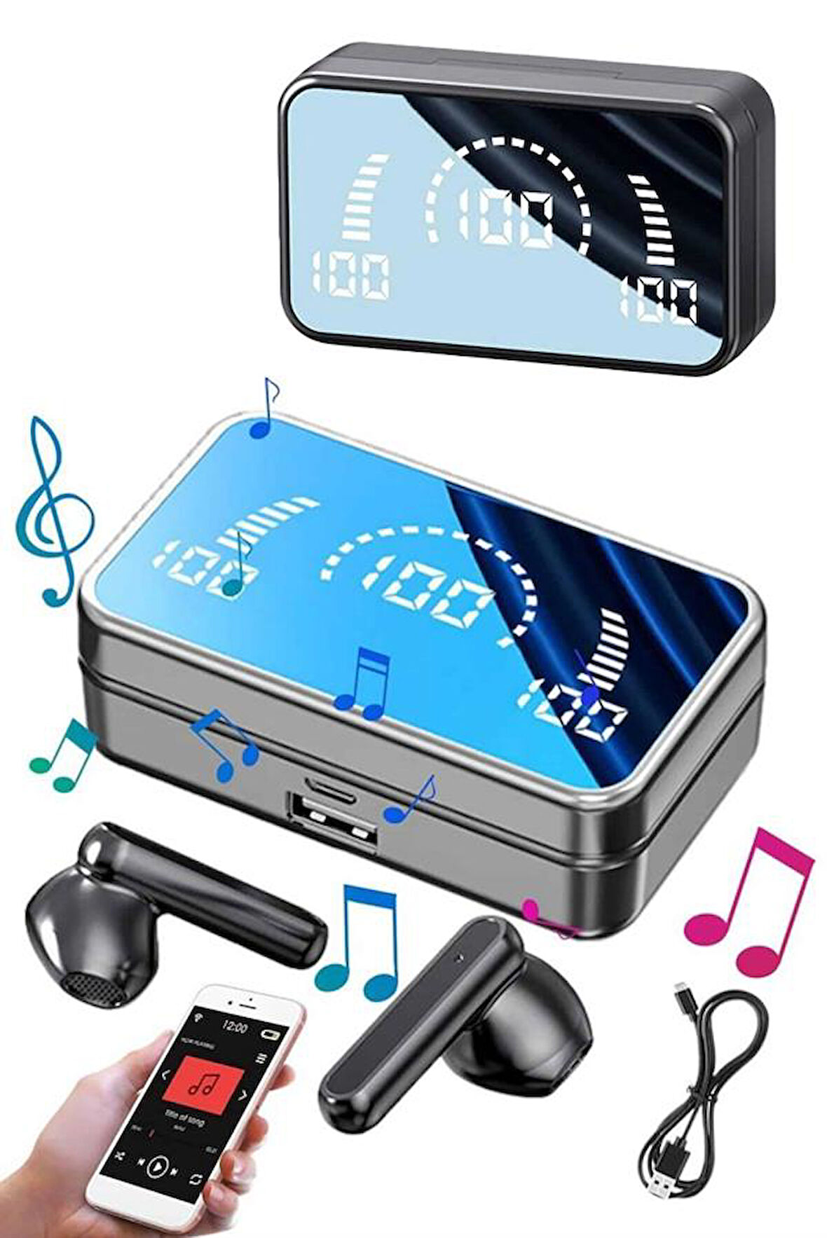 Yeni Nesil Kablosuz Kulaklık Aynalı Özellikli Bluetooth Bağlantılı Dijital Göstergeli