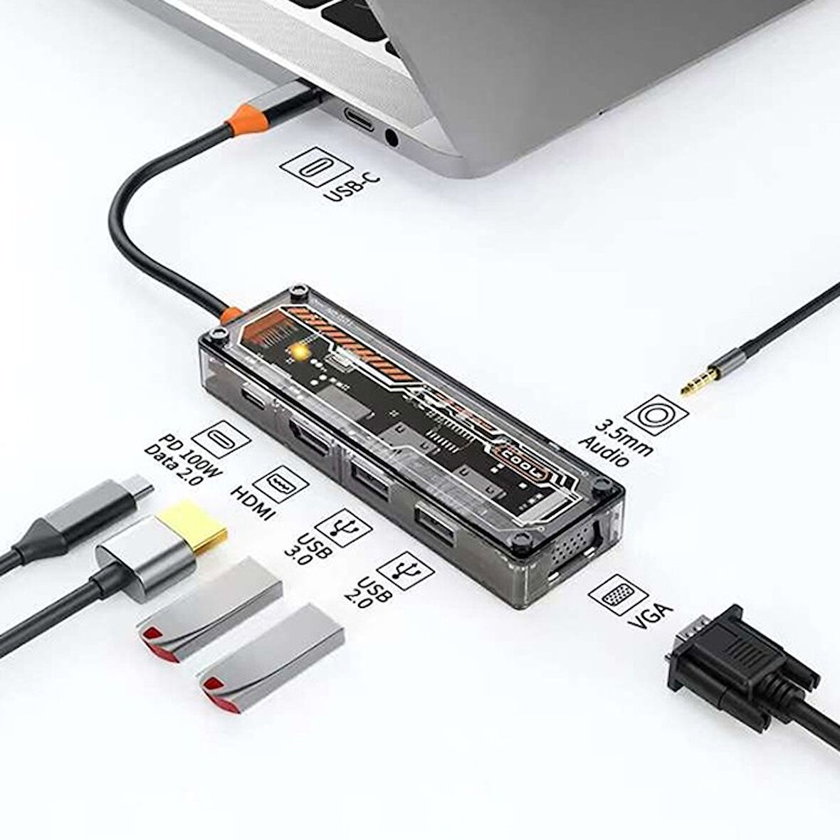 Ally 6In1 Type-C To Usb3.0 + Usb2.0 + Type-C Pd 100W + Hdmi + Vga + 3.5Mm Çoğaltıc Transparanı Hub-(