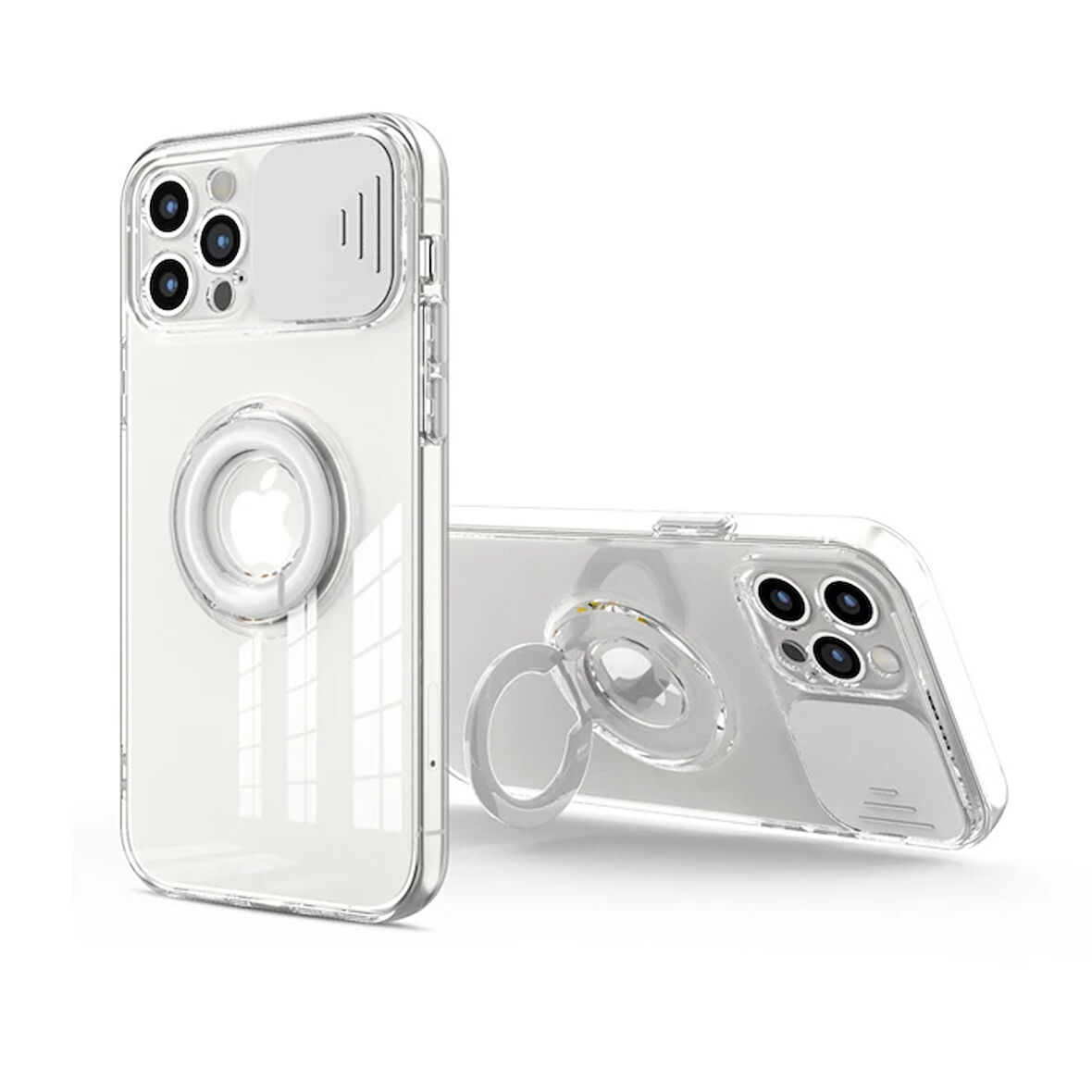 Ally 13 6.1Inç Kılıf Sürgülü Kamera Lens Korumalı Yüzük Standlı Silikon Kılıf-(5775)