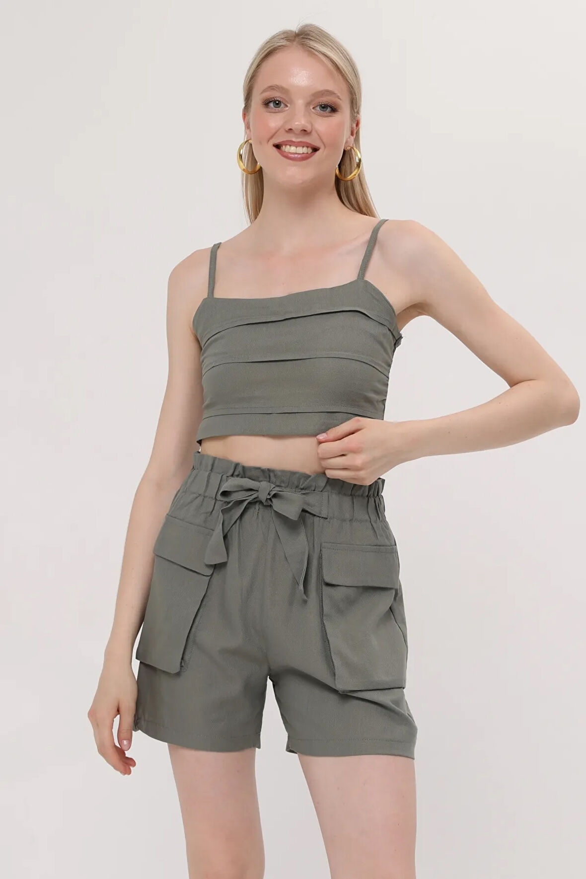 ikli crop şort takımı yeşil reng