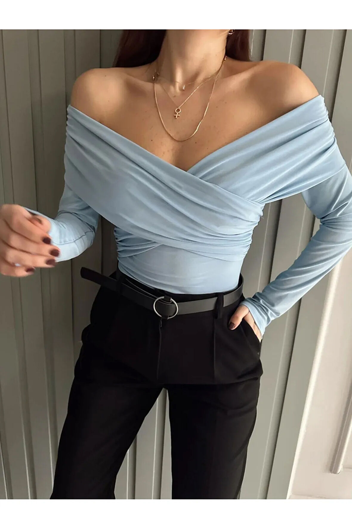 Kruvaze yakalı Bluz bebek mavisi