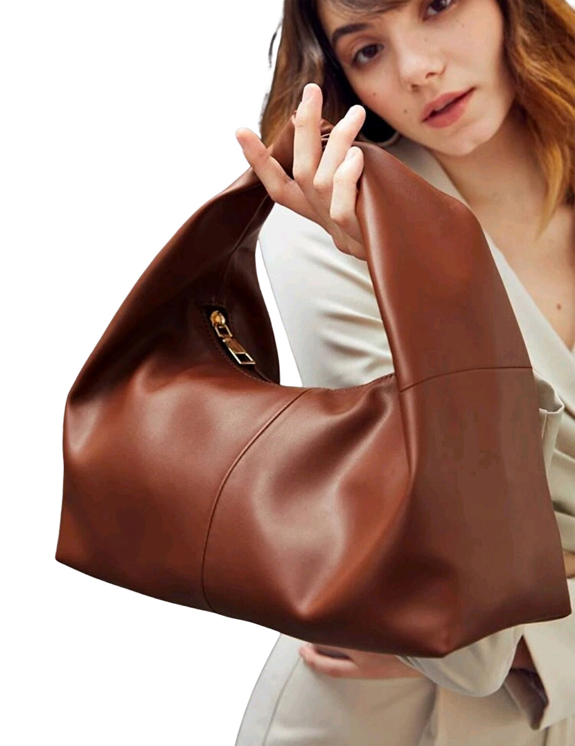 Şık Tasarım  Deri Kadın Kol Çantası-Kahverengi