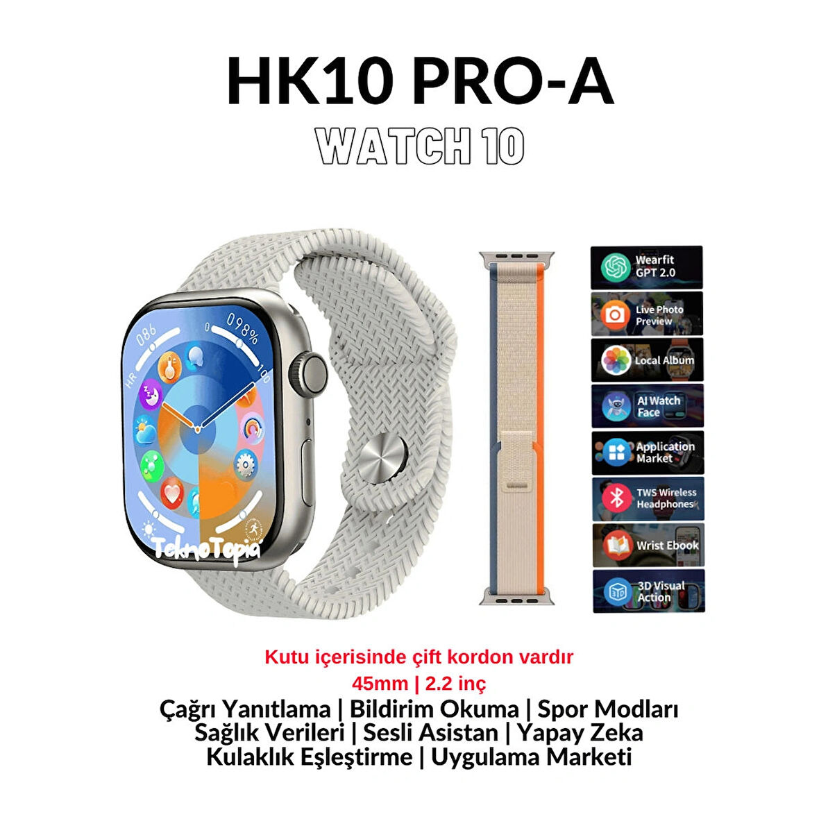 HK10 Pro A Watch 10 Serisi Amoled Ekran Akıllı Saat Yapay Zeka Çağrı Cevaplama Bildirim Okuma