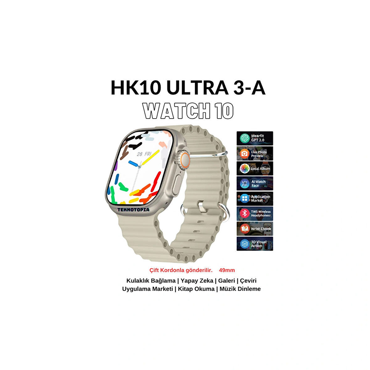 HK10 Ultra 3-A Amoled Ekran Watch 10 Serisi Akıllı Saat Yapay Zeka Bildirim Okuma Çağrı Cevaplama