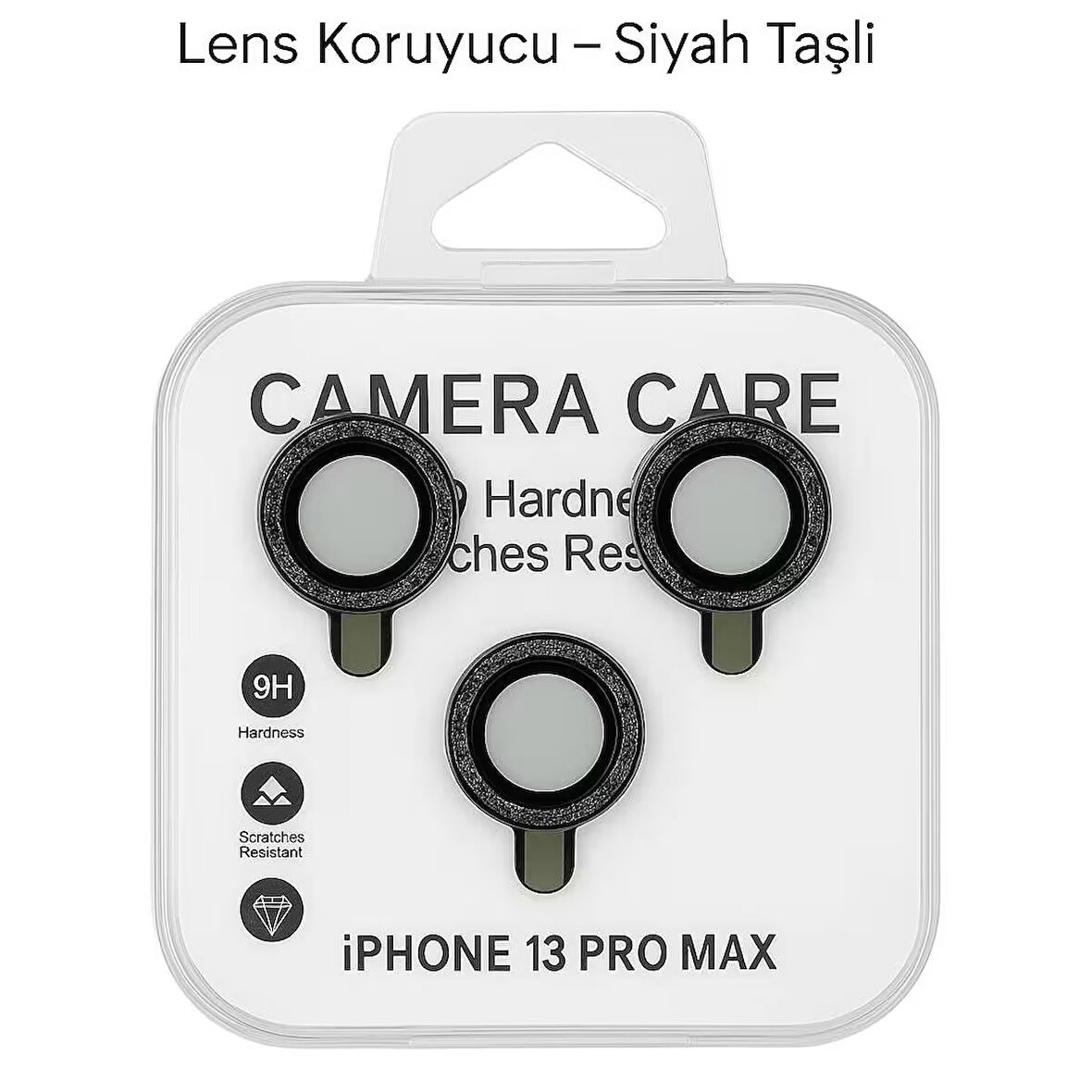 iPhone 13 Pro Max Kamera Lens Koruyucu – Siyah Taşlı (3’lü Set)