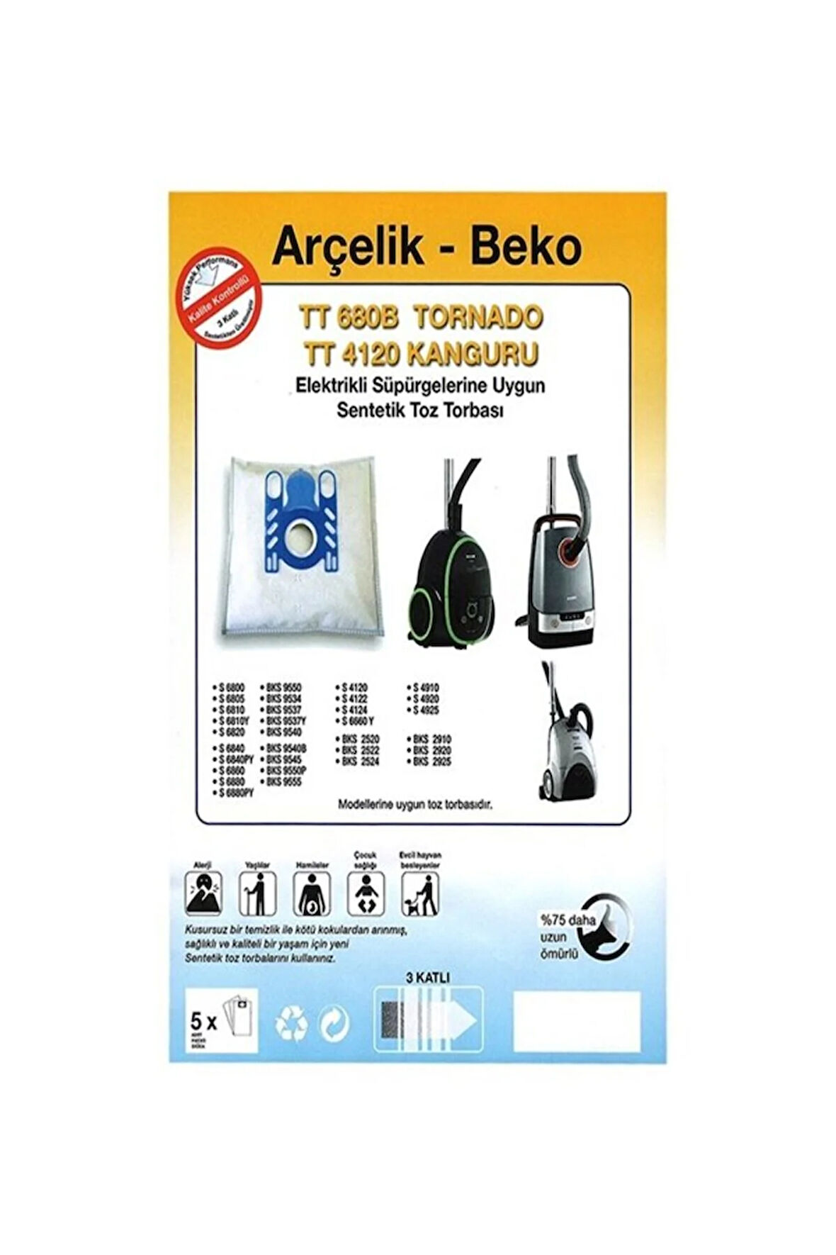 Arçelik Tornado S 4910-s 4920-s 4925-s 4940 Uyumlu Toz Torbası 5 ADET
