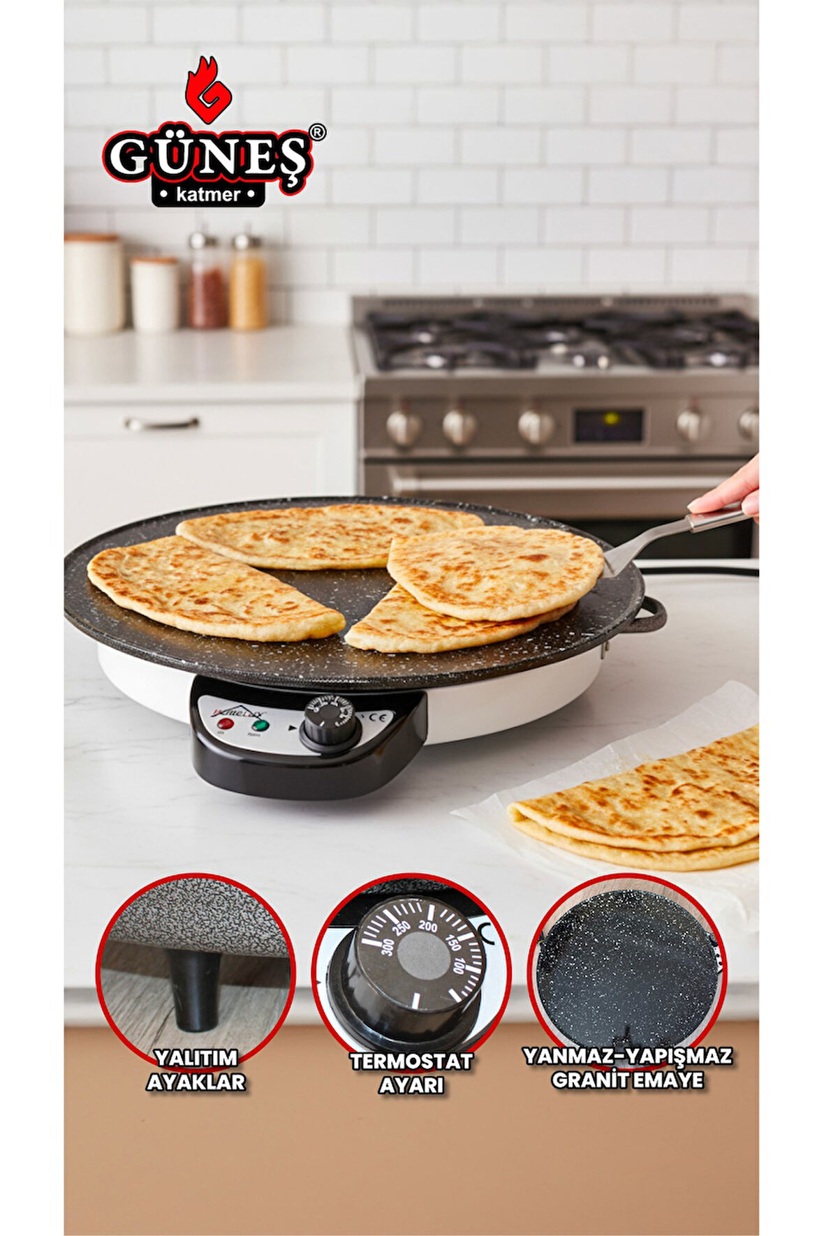 Homelux 2000w Elektrikli Lüks Termostatlı 50 Cm Ekmek,gözleme,börek Ve Katmer Sacı l Granit emaye