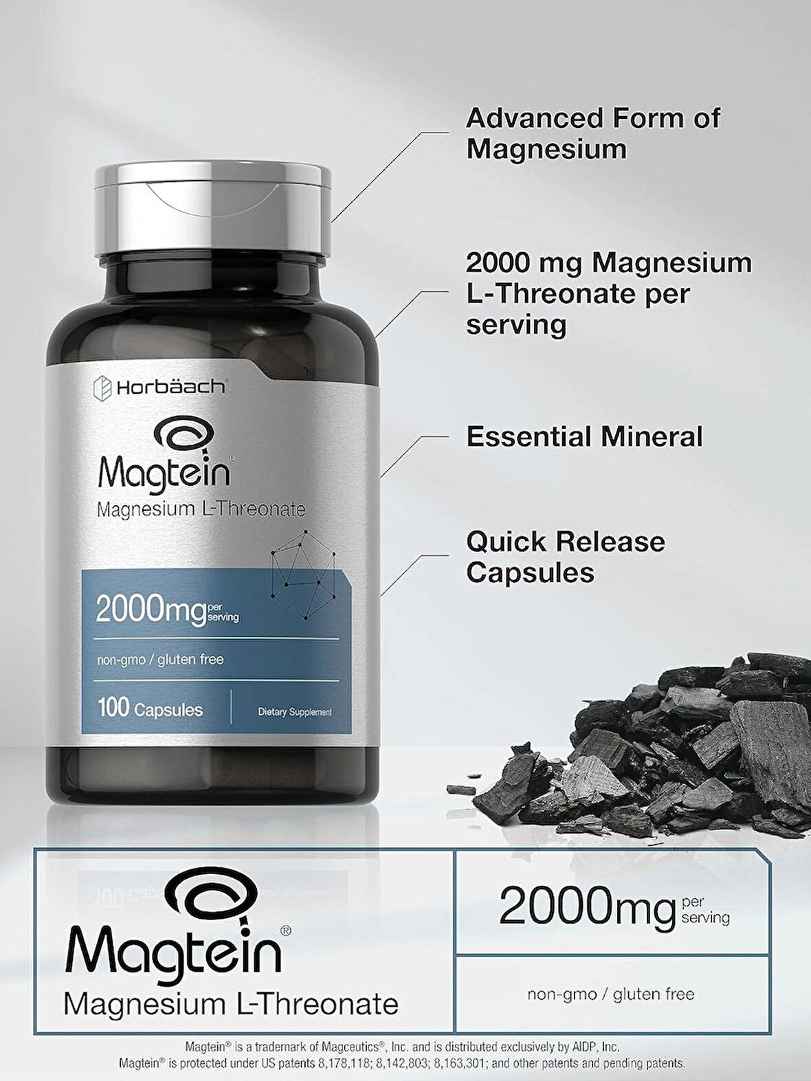 Horbaach Magtein Magnesium(Magnezyum) L-Threonate Treonat  2000mg 100 Caps Men Women Gluten Free