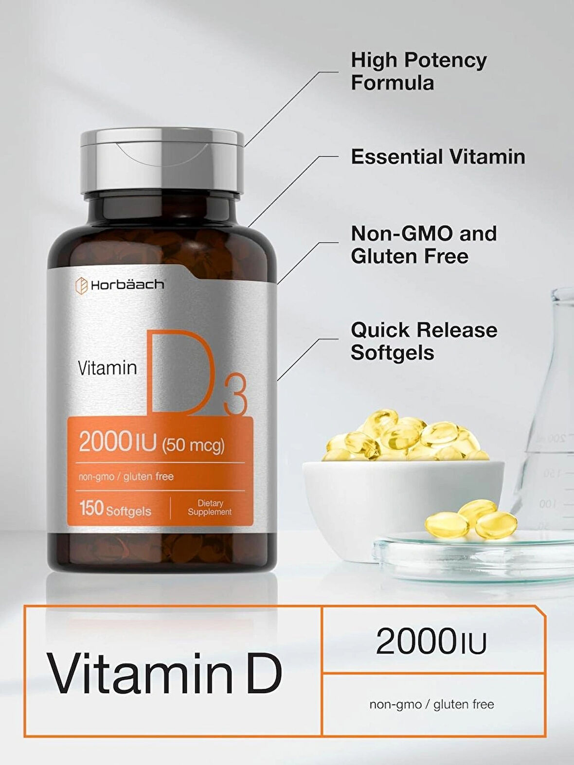 Horbaach Vitamin D3 2000IU Cholecalciferol 150 Softgels