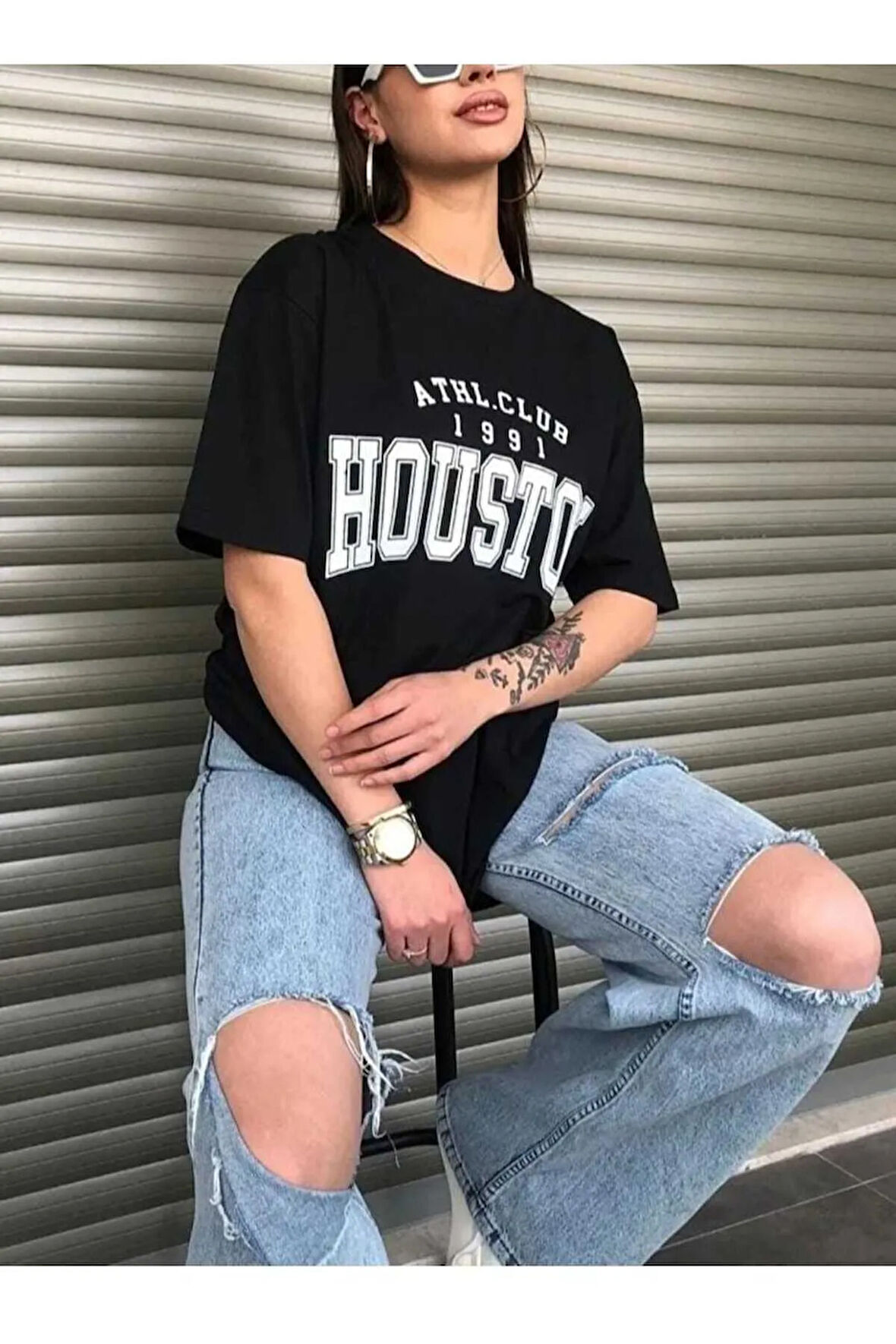 malkoçbey houston baskılı oversize unisex basic t-şihirt