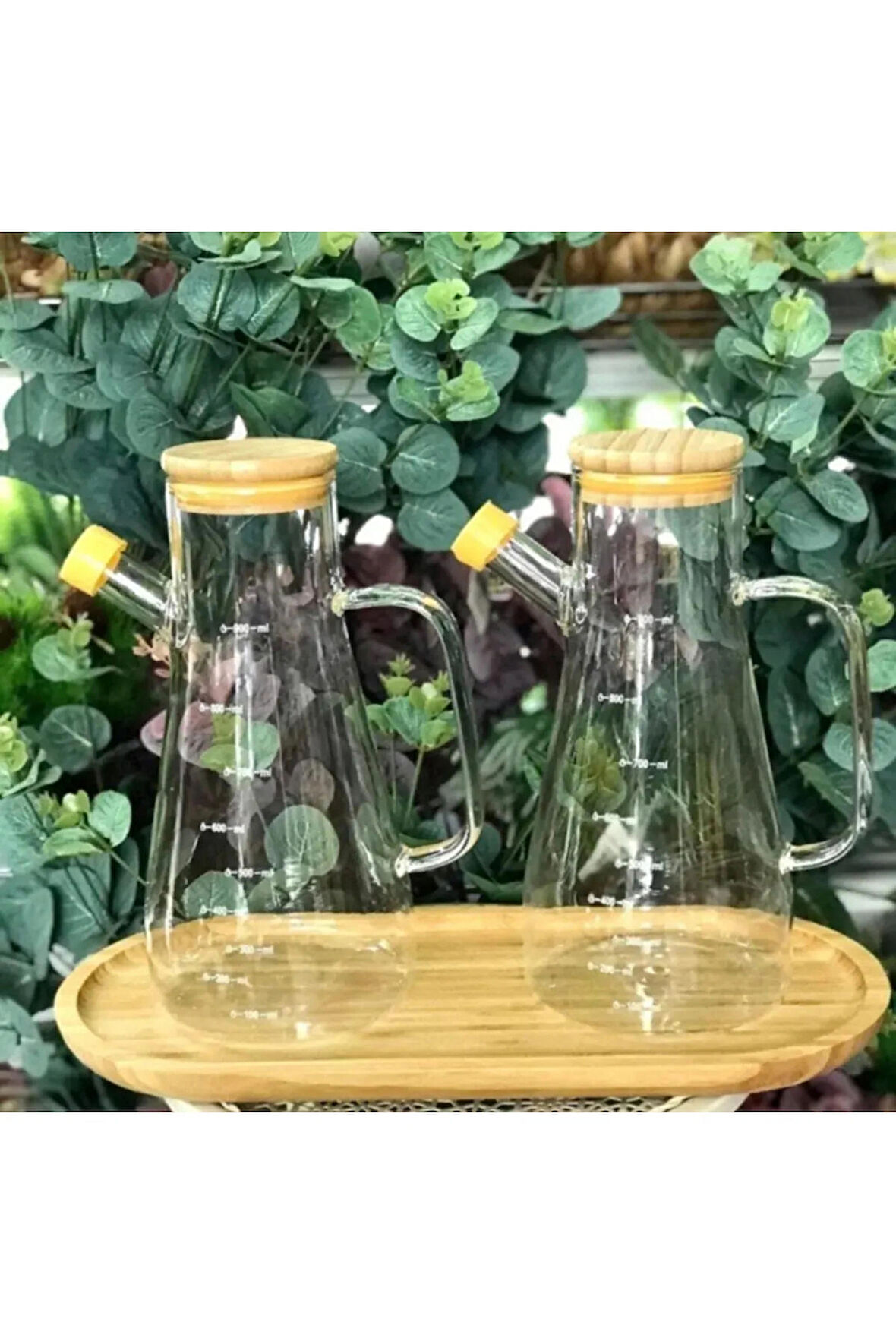 2 Adet 900 ML Bambu Kapaklı Vakumlu Borosilikat Cam Yağlık Sirkelik Borosilikat