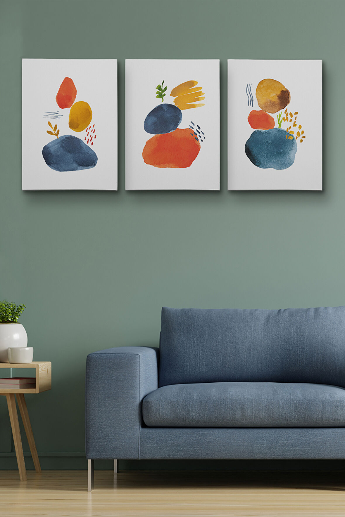 3’lü Tablo Suluboya Şekilleri Soyut Sanat Dekoratif Kanvas Tablo Seti