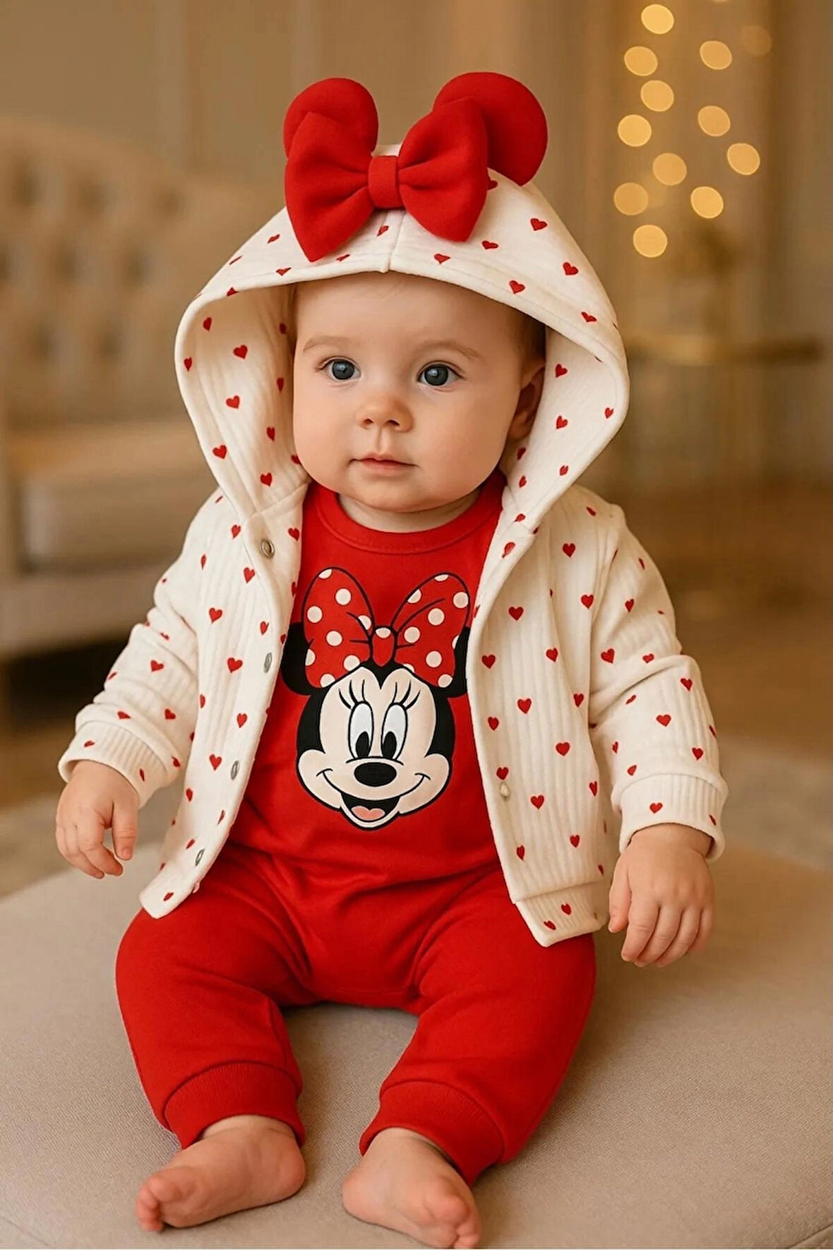 MİLAYS Kız Bebek Takım Mikili Kapüşonlu Kalp Desenli Hırkalı 3lü