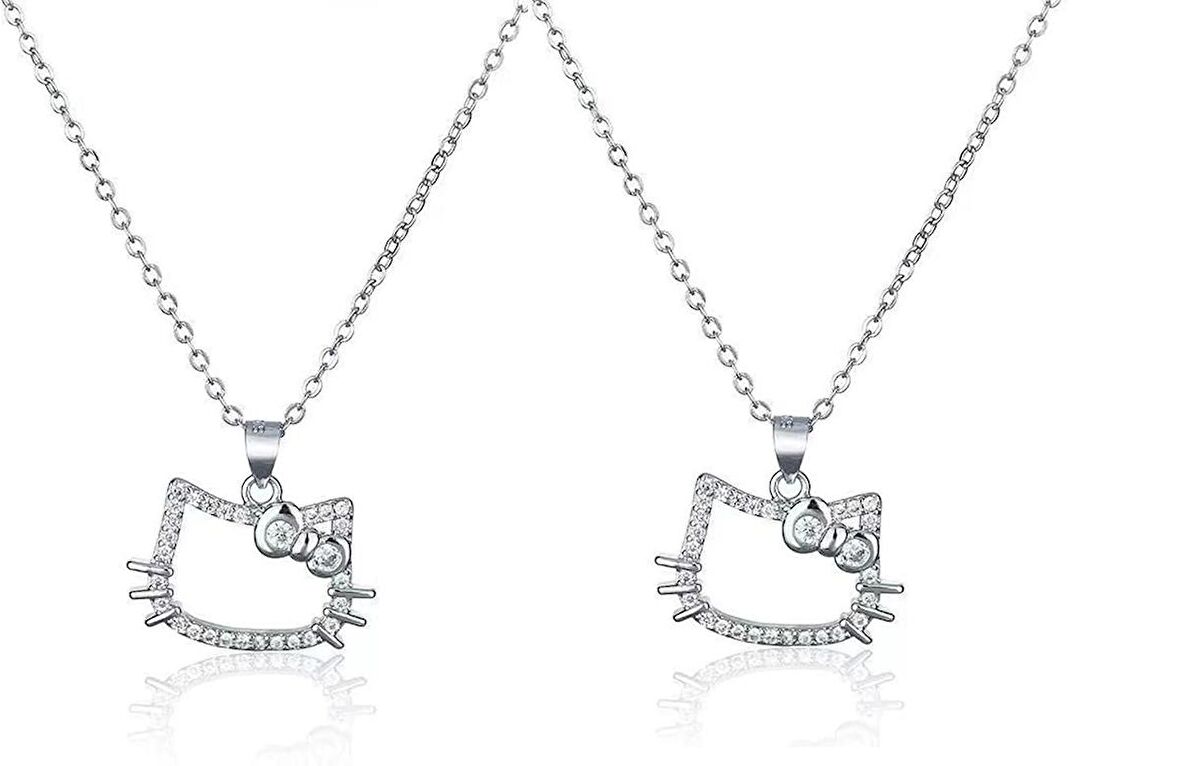 Hello Kitty Kedi Zirkon Gümüş Renk Taşlı Parlak Çift İkili Kolye