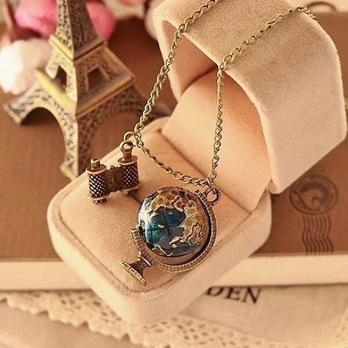 Dünya Şeklinde Dürbünlü Kolye 70 cm Gezgin Kolyesi