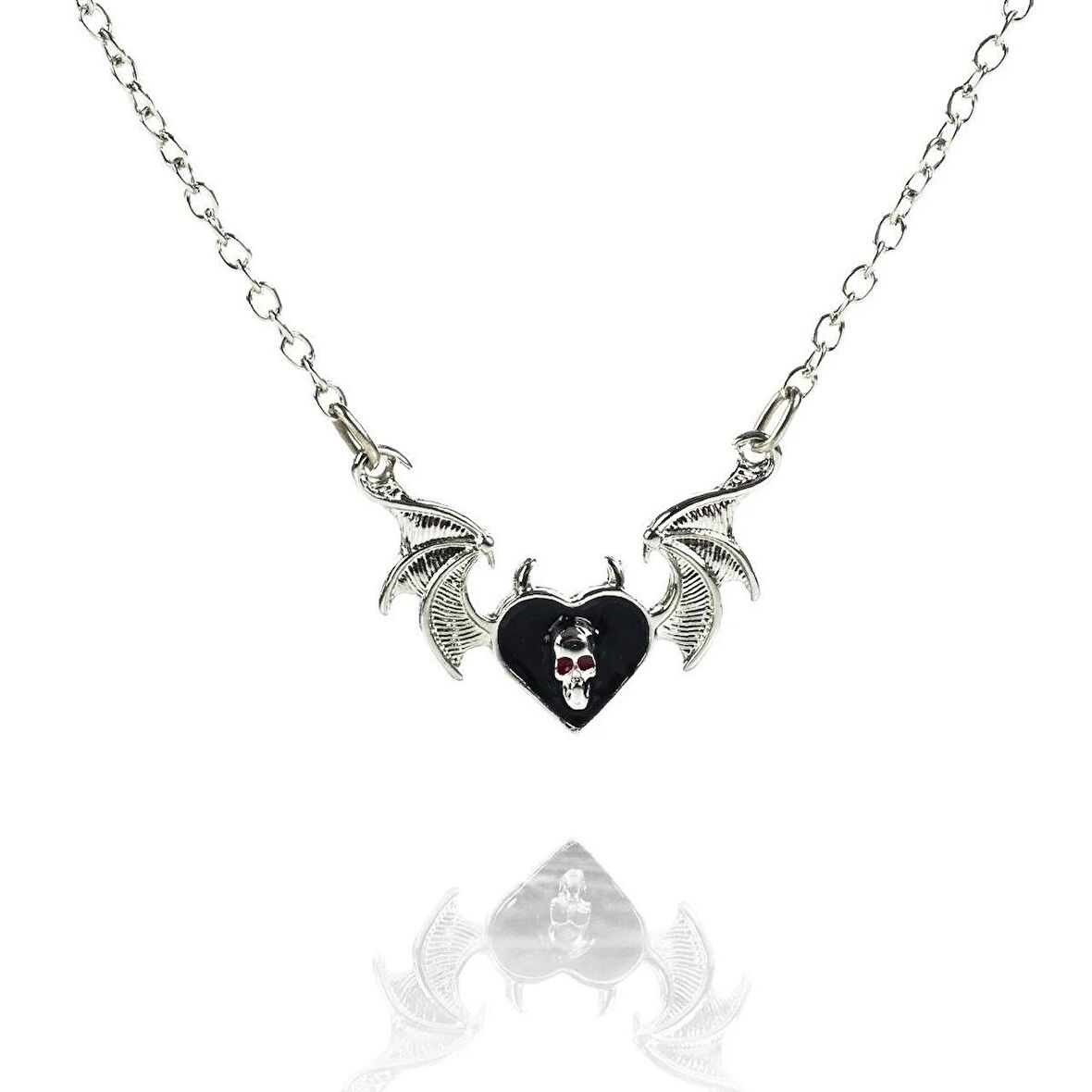 Yarasa Kanatlı Skull Heart Gotik Zincirli Kolye