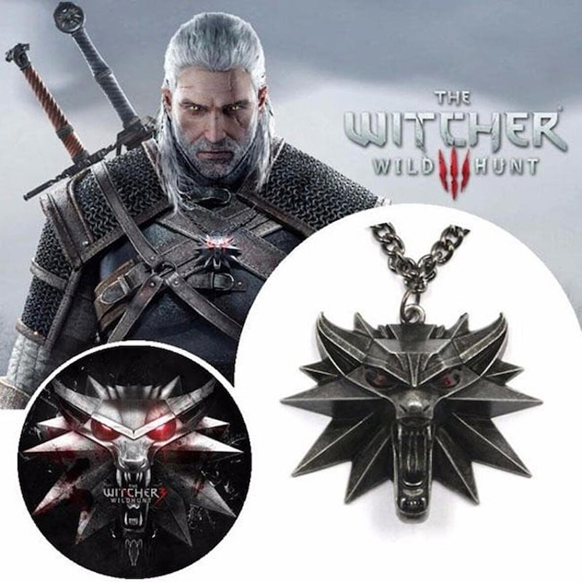 Witcher Renkli Göz 3 Boyutlu Siyah Çelik Kolye 