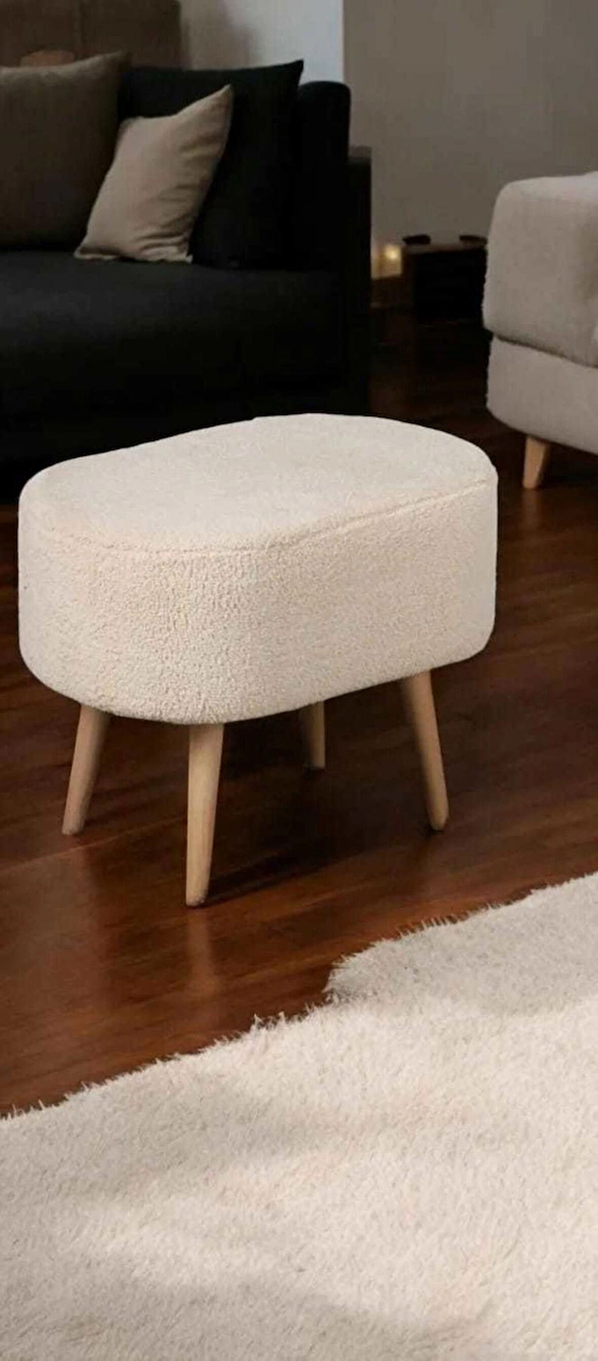 PELUŞ KREM KUMAŞ KAYIN AĞACI AYAKLI PUF BENCH OVAL TARZ