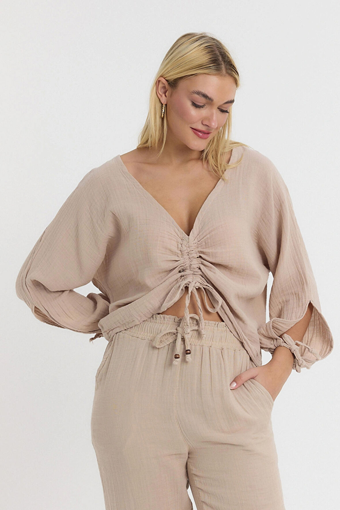 Müslin Uzun Kol Crop -1080