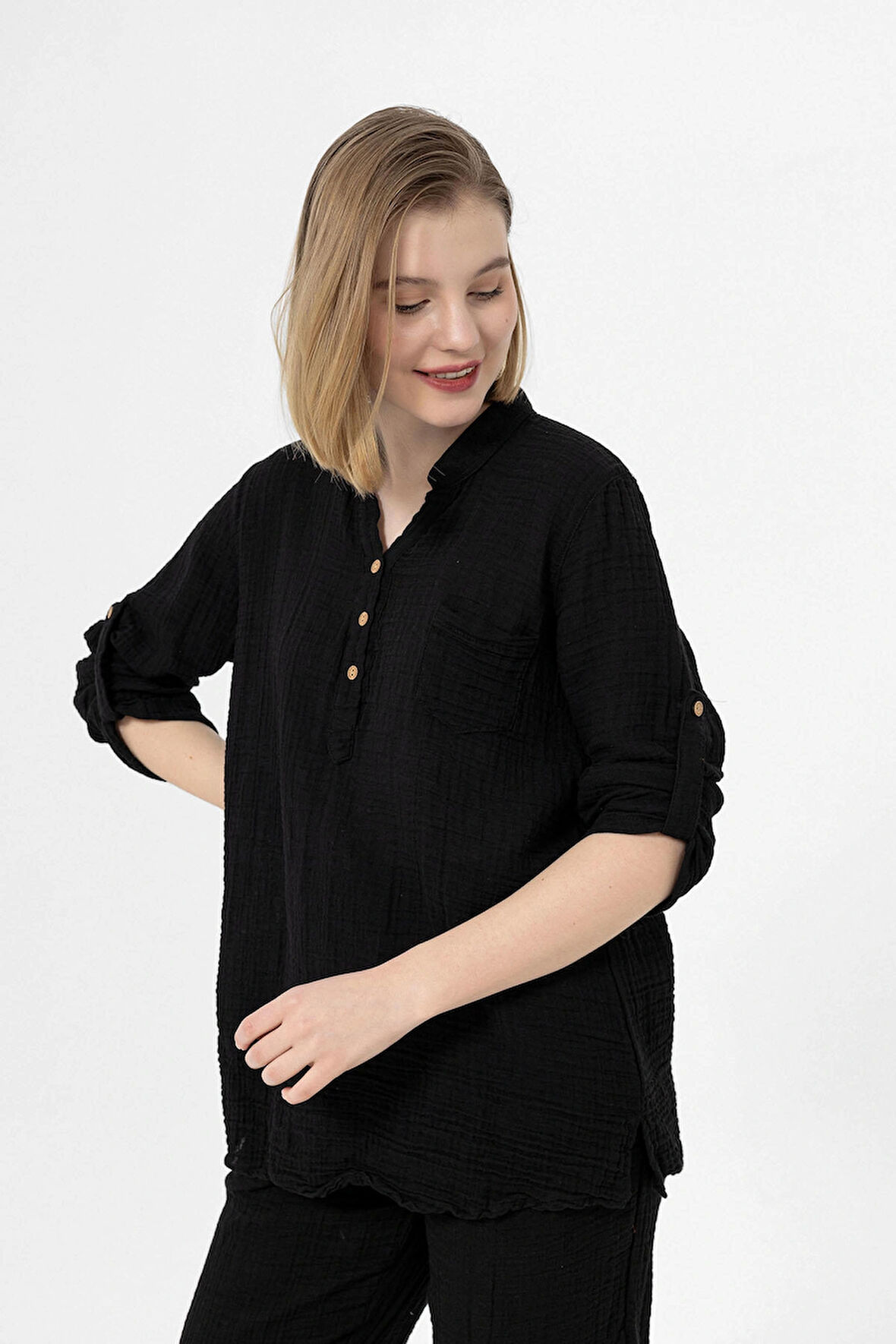 Müslin Hakim Yaka U.Kol Bluz -1100