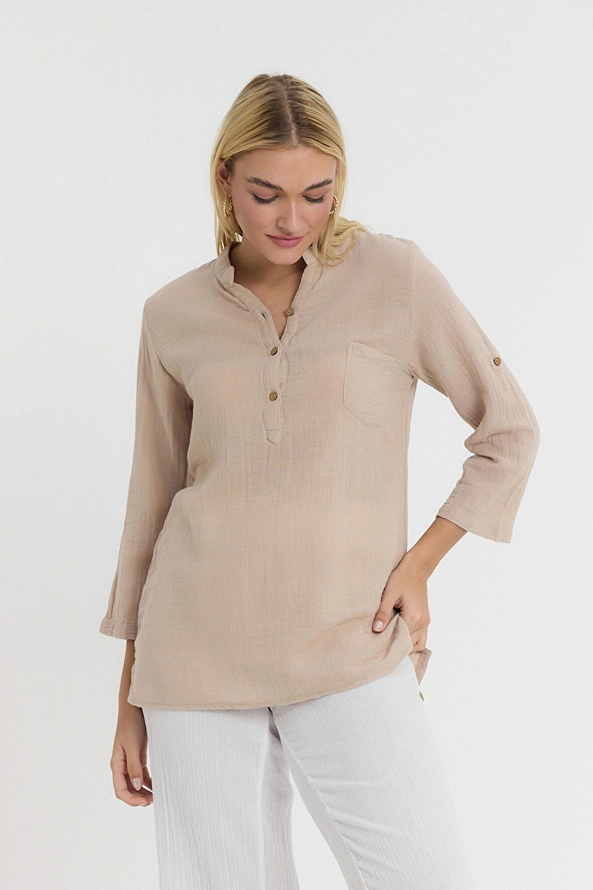 Müslin Hakim Yaka U.Kol Bluz -1100