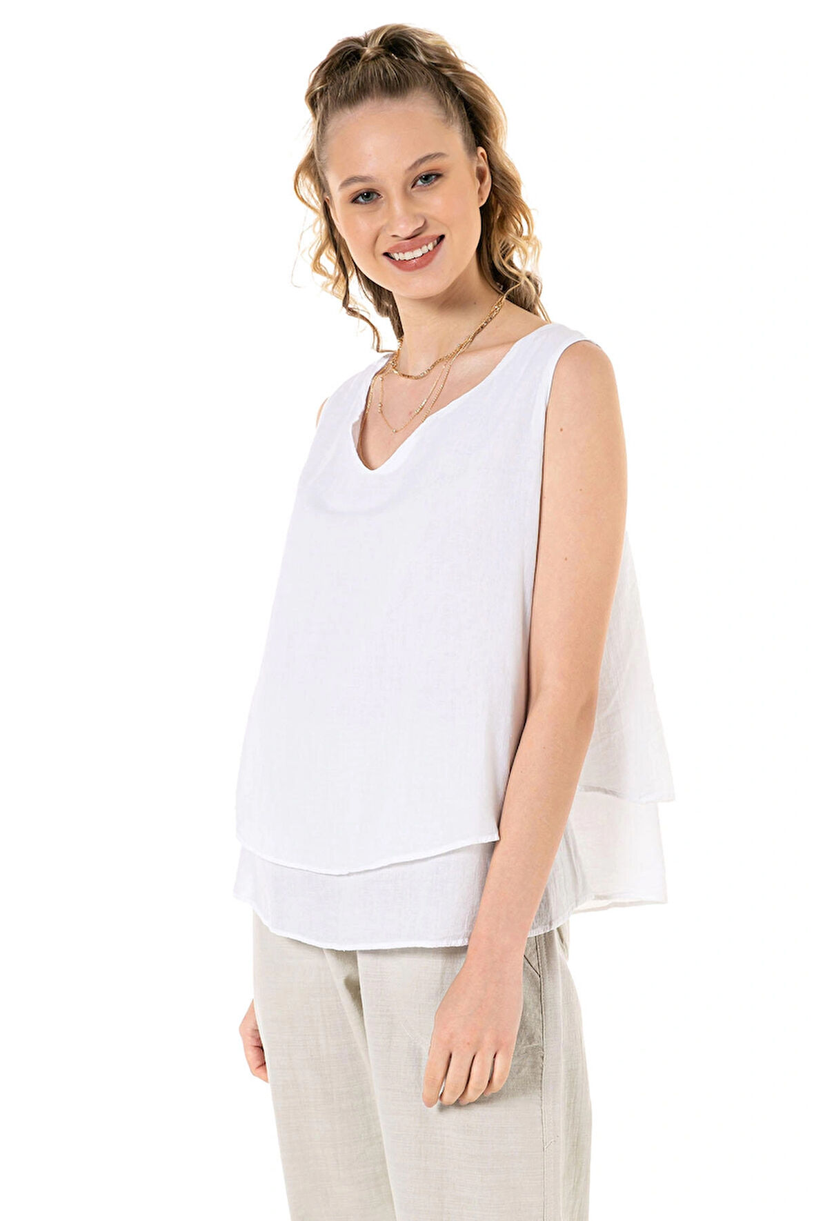 Vual Çift Katlı Sıfır Kol Bluz -1580