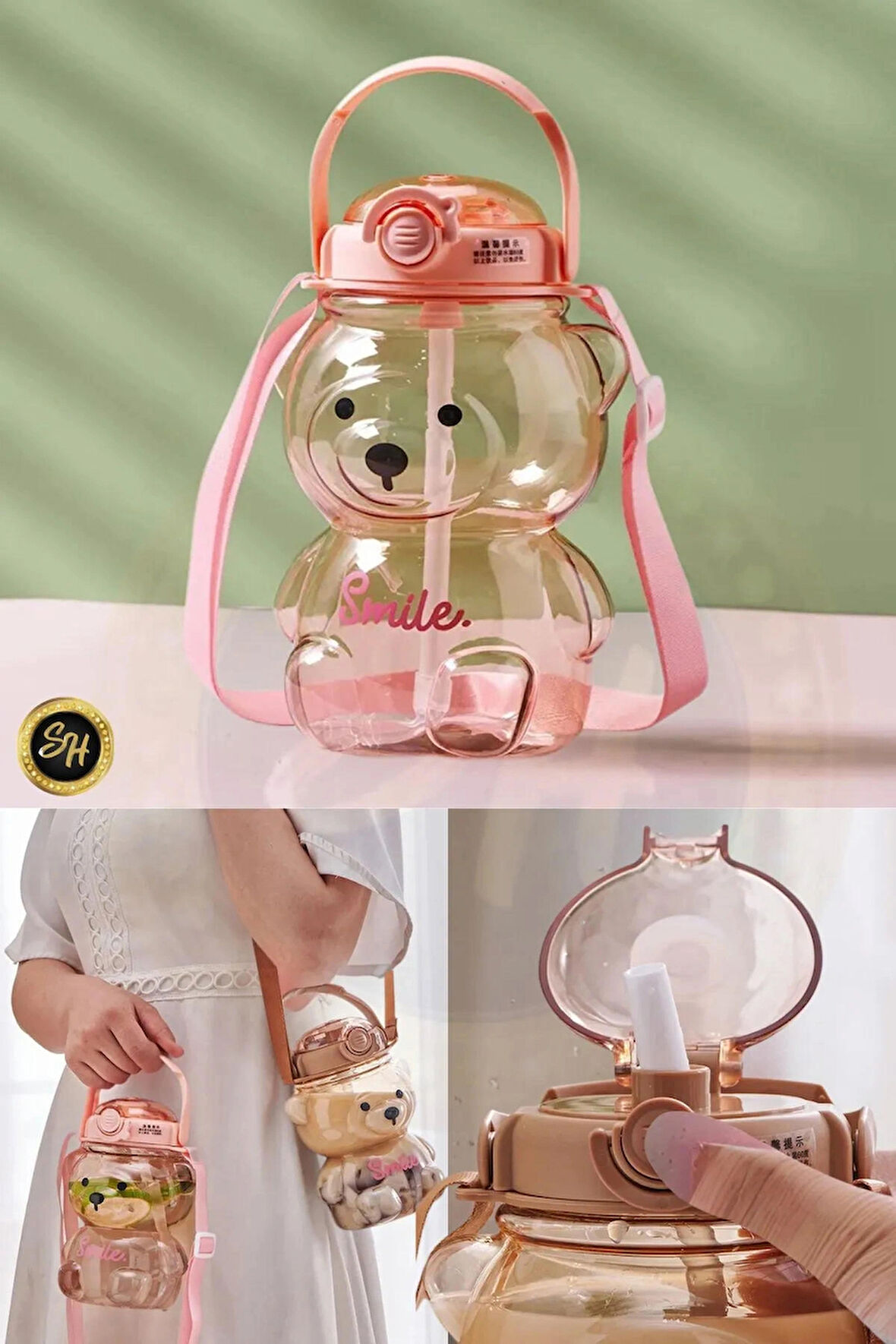 Smile Ayıcık Model Su Matarası Su Şişesi Suluk 1000ml Bpa Içermez Suluk 3d Sticker Hediye