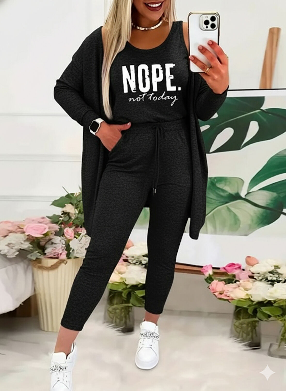 buğrahayalin Kadın Askılı Yuvarlak Yaka Yazılı Viskon Iki Iplik Bluz Ceket Ve Pantolon 3lü Takım