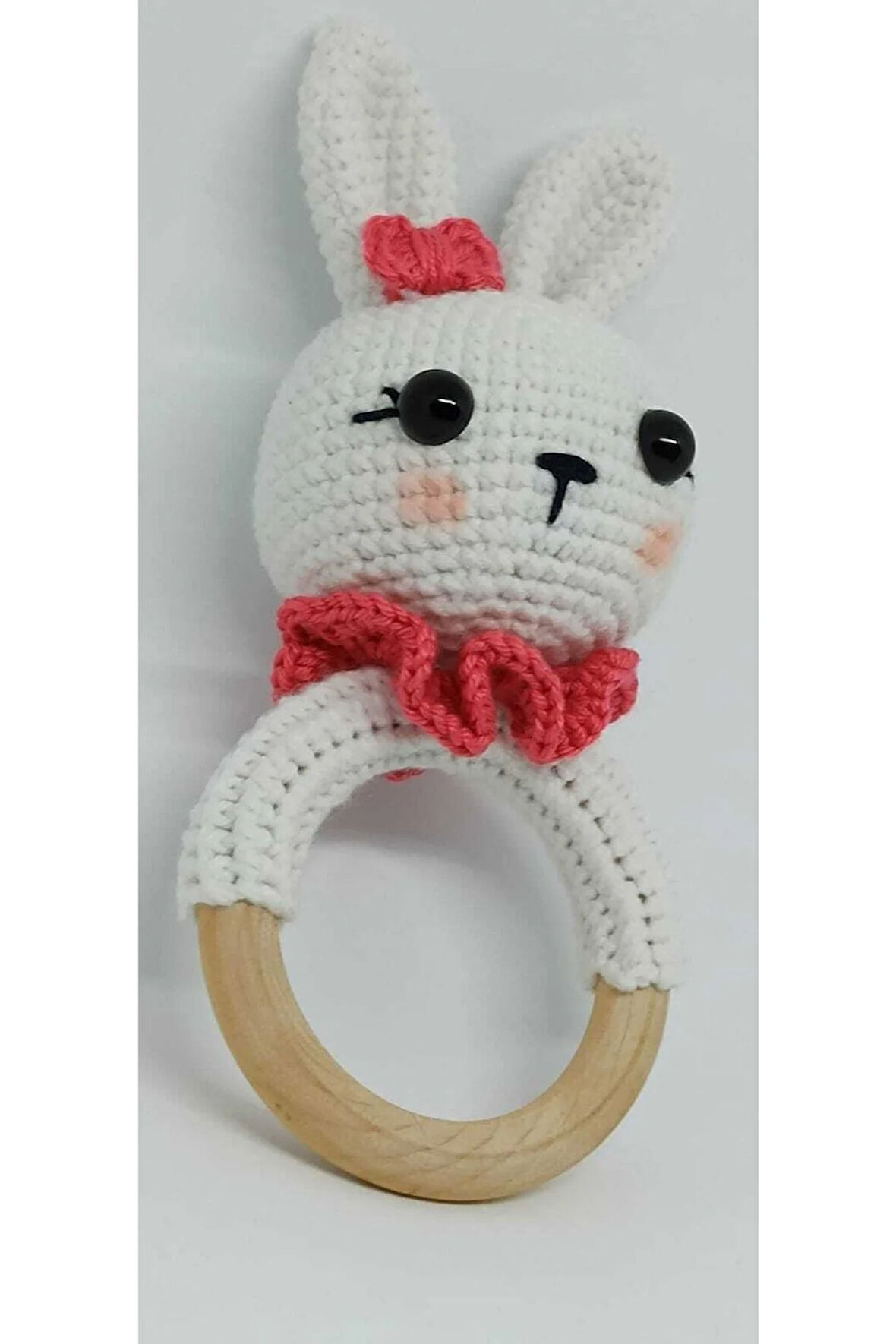 Amigurumi Handmade Örgü Süslü Tavşan Çıngırak beyaz