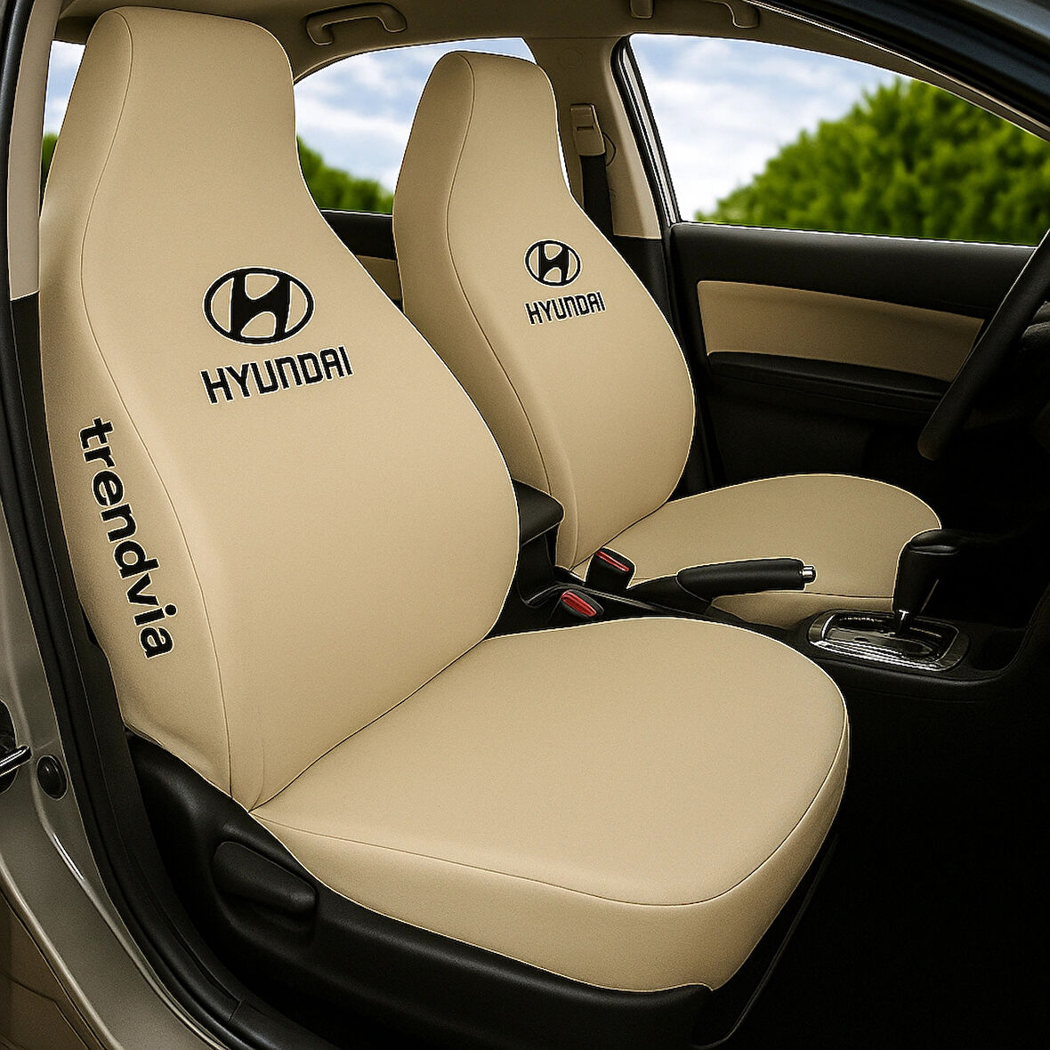 Araç İçi Bej Siyah Hyundai Logolu Penye Oto Servis Kılıfı Ön Arka Set