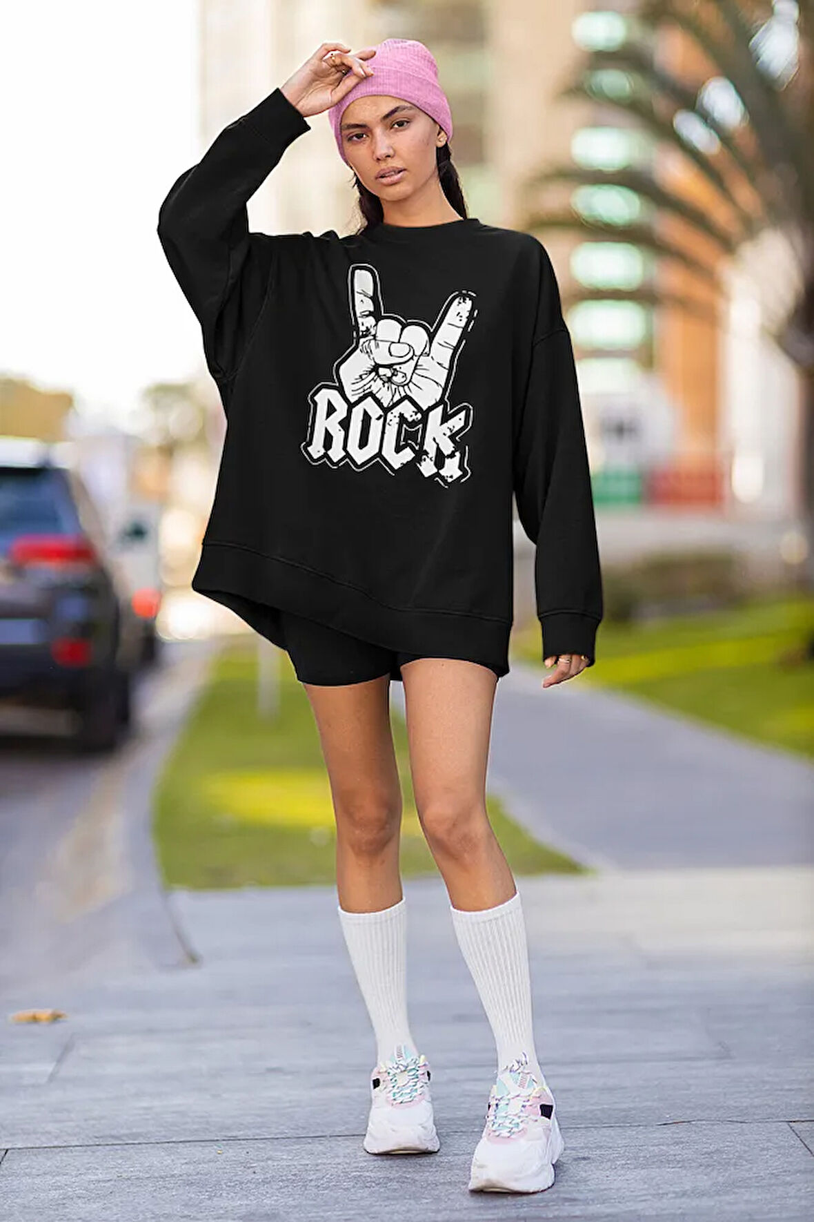 Rock In Roll Baskılı Unisex Oversize Sweatshirt
