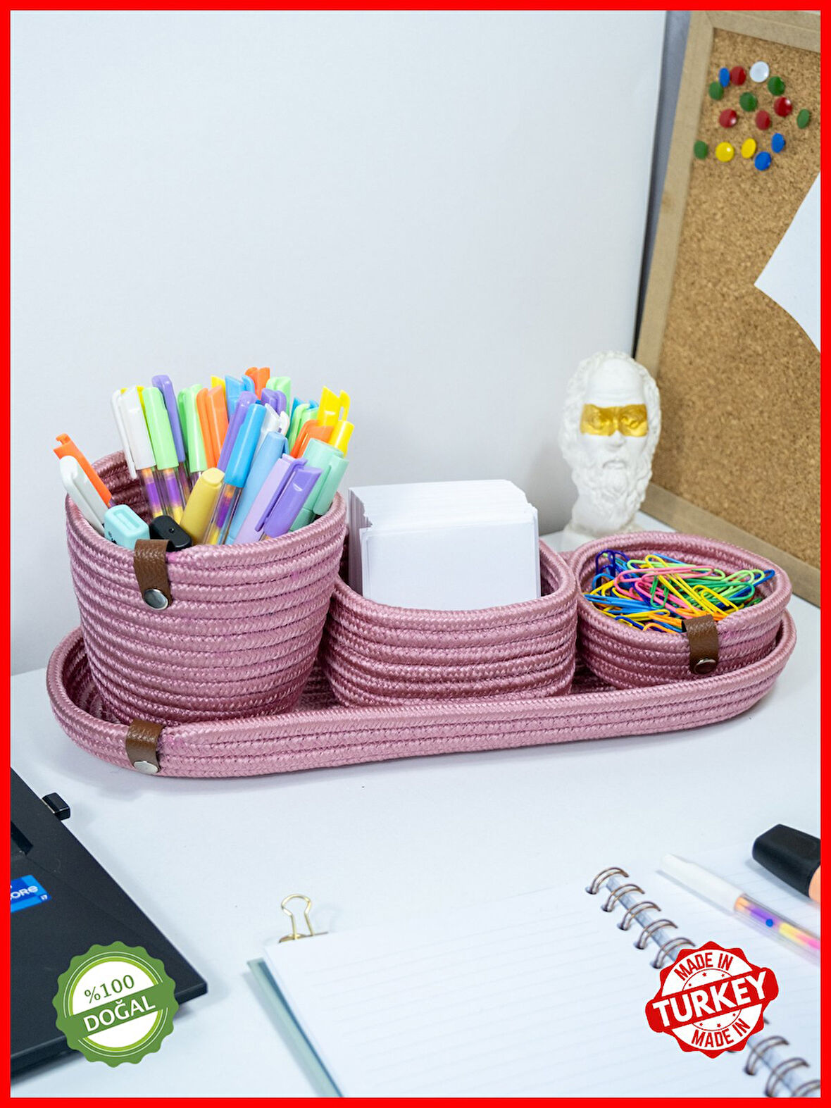 Çalışma Masası Kalemlik&Ofis Masa Üstü Doğal Jüt İp Çok Amaçlı Orginazer Pembe(4Parça Kalemlik Seti)