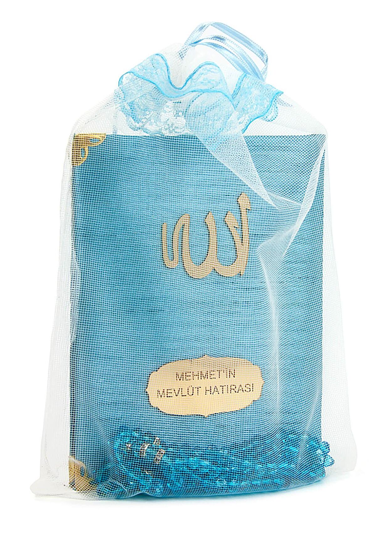 Şantuk Kumaş Kaplı Yasin Kitabı - Çanta Boy - İsme Özel Plakalı - Tesbihli - Keseli - Mavi Renk - İslami Hediyeler