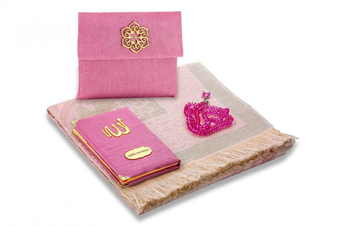 Şantuk Kumaş Kaplı Yasin Kitabı - Çanta Boy - İsme Özel Plakalı - Seccadeli - Tesbihli - Keseli - Pembe Renk - Mevlid Hediyeliği